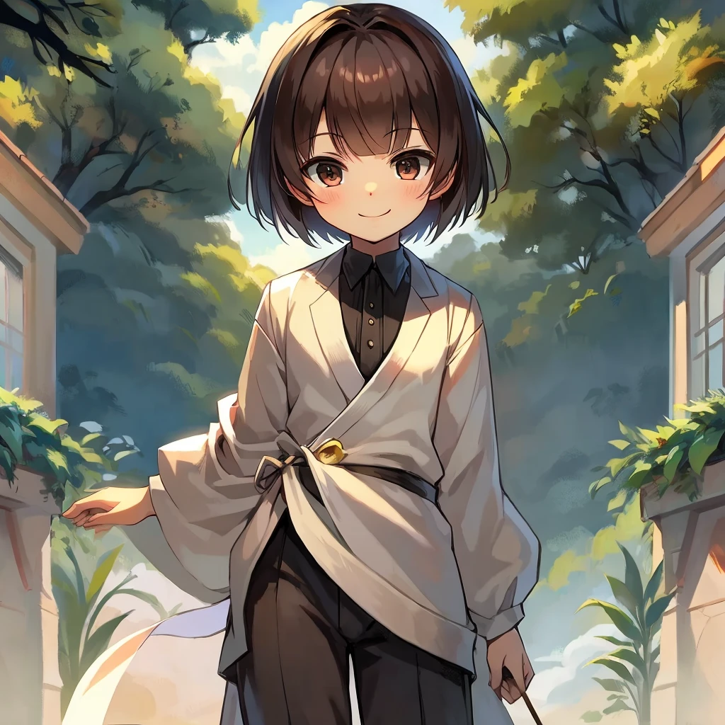 highest quality、high resolution、Anime drawings、Daytime garden、One boy、Dark Brown Hair、Shortcuts、bangs、Smile with your mouth closed、High  summer、Standing pose
