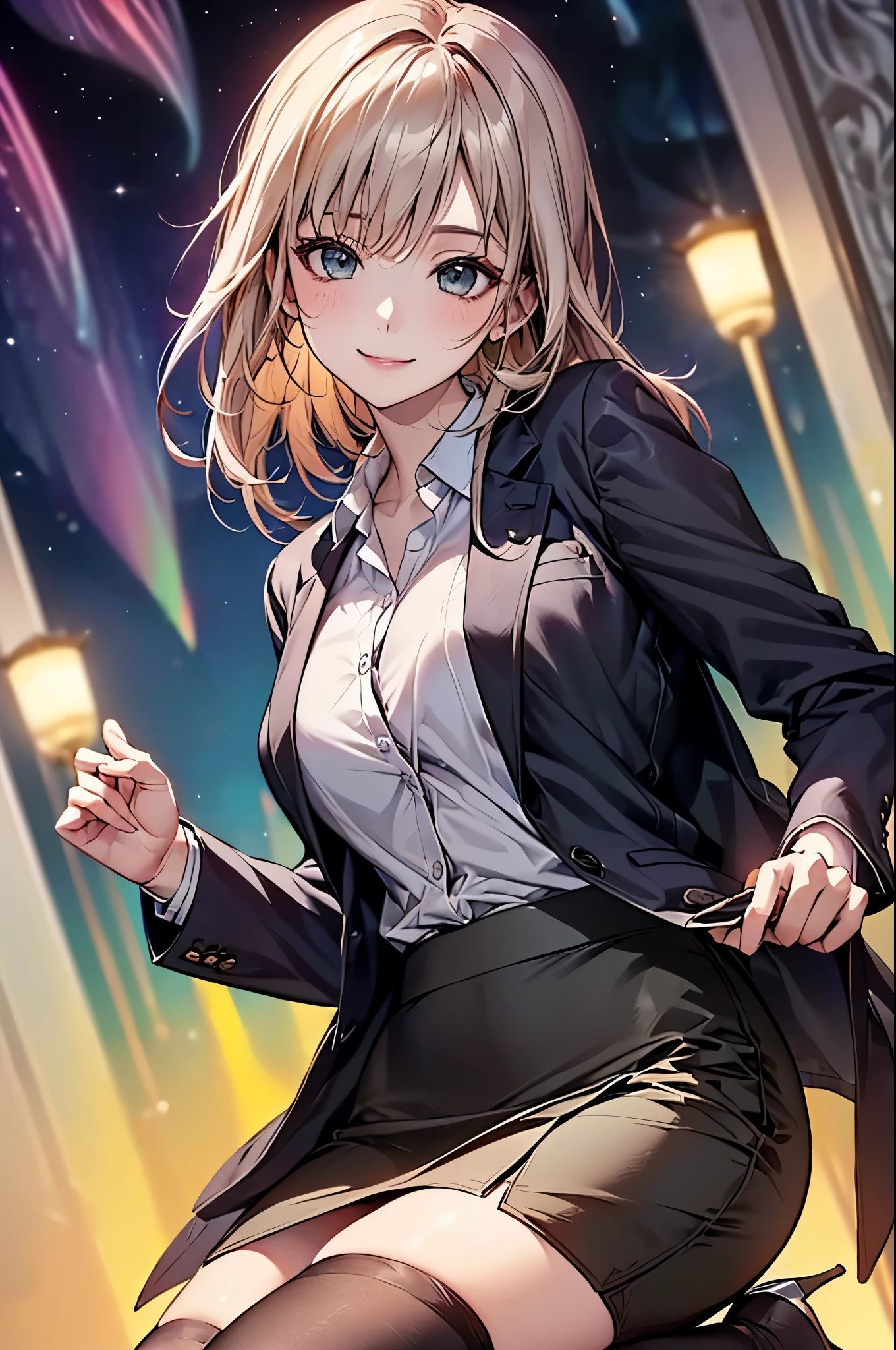 ((Biologically correct limb count))、(( whole body including face))、4K、Masterpiece、((Focus on the face))、((Symmetrical, well-proportioned facial features))、Eyes with delicate depictions、(((1 person)))、Beautiful woman、Outstanding style、Slender Body、(High heels with anklets)、(((Black jacket、blazer、shirt、Checked Skirt、stockings))、(((Behind is a photo of the fantastic aurora)))、(Shy、smile）、Upper body close-up、(Sidelong glance)、High angle、night、