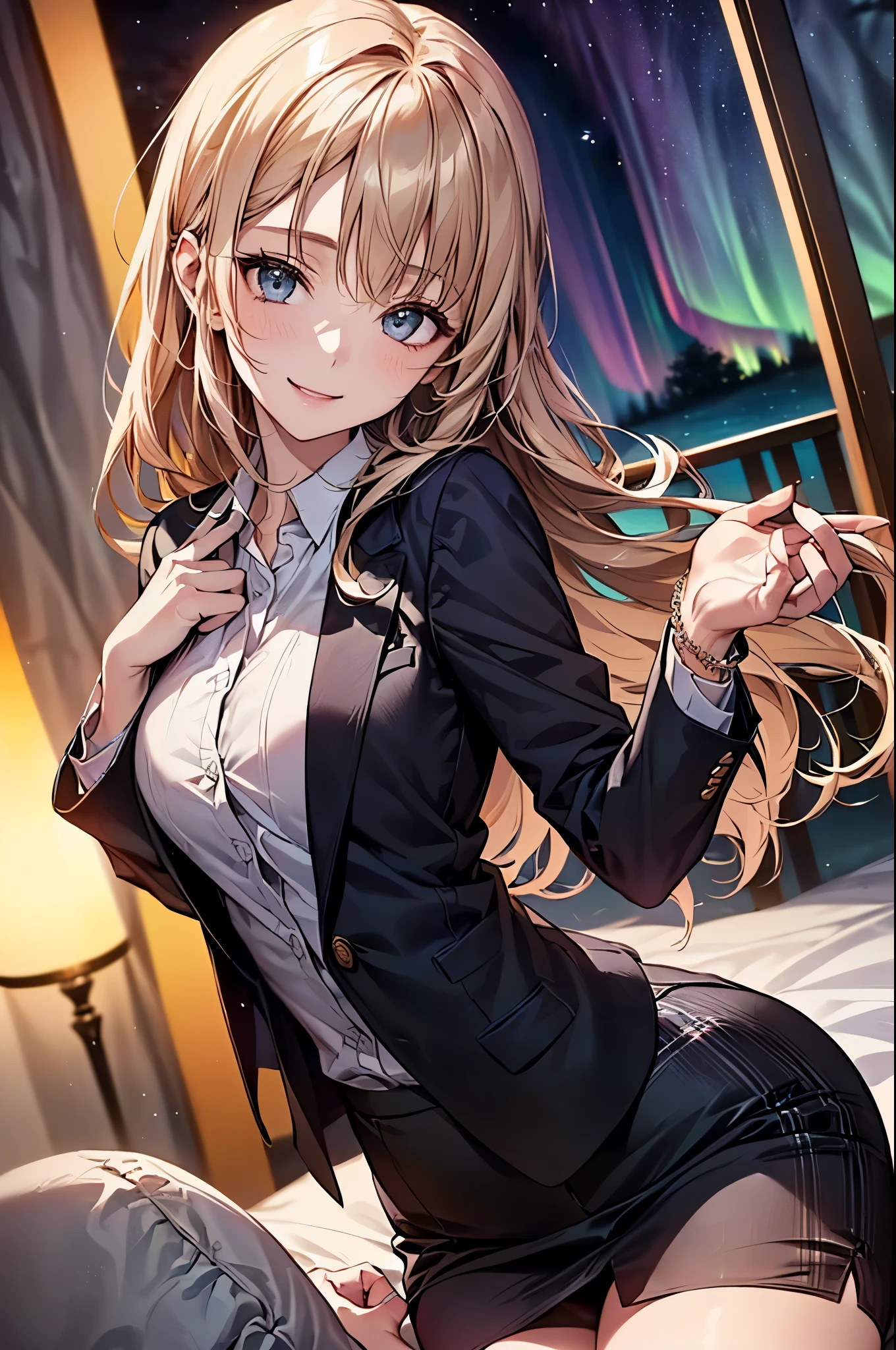 ((Biologically correct limb count))、(( whole body including face))、4K、Masterpiece、((Focus on the face))、((Symmetrical, well-proportioned facial features))、Eyes with delicate depictions、(((1 person)))、Beautiful woman、Outstanding style、Slender Body、(High heels with anklets)、(((Black jacket、blazer、shirt、Checked Skirt、stockings))、(((Behind is a photo of the fantastic aurora)))、(Shy、smile)、Upper body close-up、(Sidelong glance)、High angle、night、