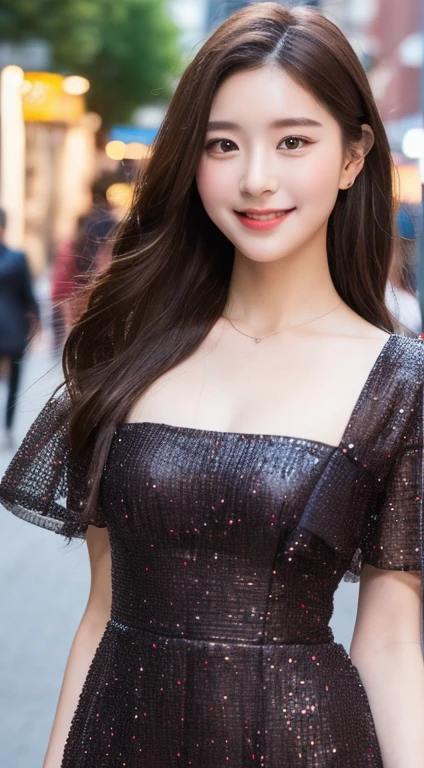 ((highest quality, 8k, masterpiece :1.3)), One girl, smile, whole body, Slim face, Beautiful woman, (Dark brown hair), Full-length dress :1.1, Highly detailed face, Fine grain, double eyelid,  Blur the background, Slim face, city, outside, street,