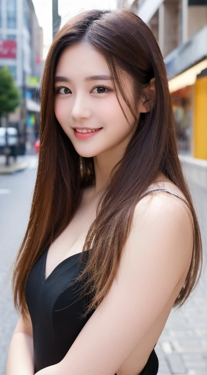 ((highest quality, 8k, masterpiece :1.3)), One girl, smile, whole body, Slim face, Beautiful woman, (Dark brown hair), Full-length dress :1.1, Highly detailed face, Fine grain, double eyelid, Blur the background, Slim face, city, outside, street,