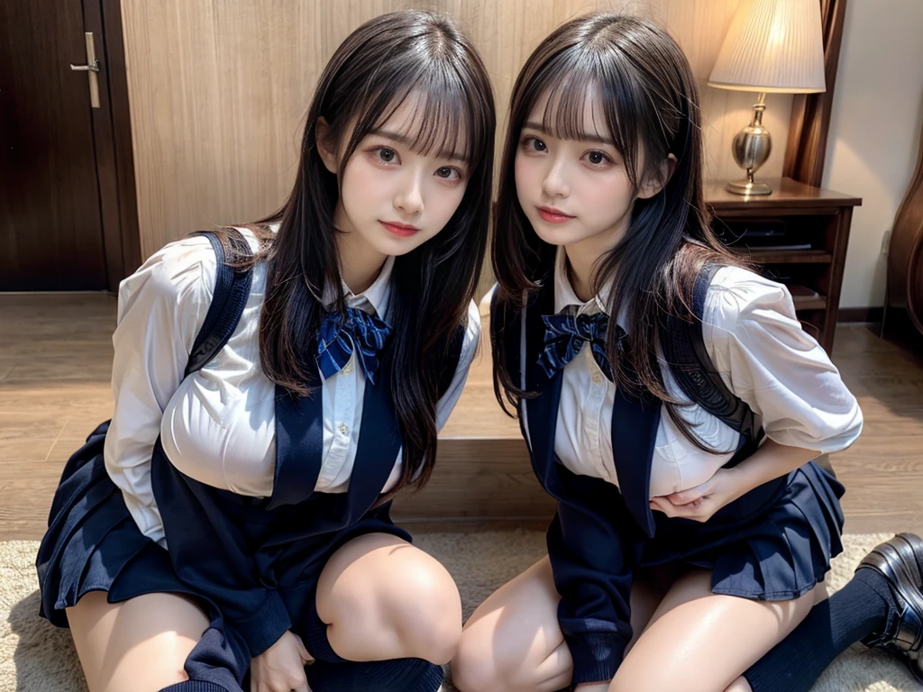 (8K, Raw photography, top-quality, ​masterpiece:1.2), master piece, best quality, illustration, Super detailed, fine details, High resolution, 8K,wall paper, perfect dynamic composition,(Details High quality, realistic depiction of eyes:1.3), ((2 girls, 2 schoolgirls)), The background is a luxury hotel room、High school girl uniform、blazer 、Super Short Check Uniform Skirt、Navy blue high socks、garterbelts、Colossal tits、Disturbed uniform, Play with each other,Touching each other's bodies,Touching the body of the girl next door, short bob hair, black hair color, huge breasts, Big Natural Color Lip, bold sexy pose, (perfect body shape), crying a little、cold gaze,  Beautiful makeup,glitter makeup,Cutest 18 years old, beautiful legs, hposing Gravure Idol, Voluptuous thighs