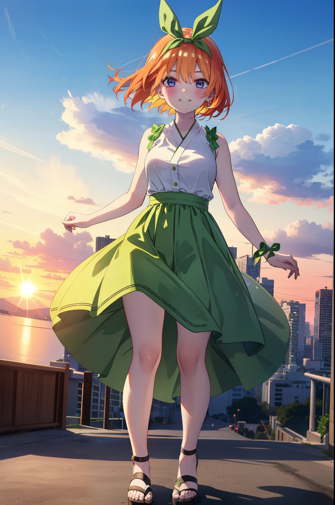 yotsubanakano, yotsuba nakano, bangs, short hair, blue eyes, Hair between the eyes, Hair Ribbon, hair band, Orange Hair, (Green ribbon:1.5), smile, Grin,smile,Sleeveless green dress,Bare arms,Green long skirt,Cute heeled sandals,sunset,evening,The sun goes down,My hair is blowing in the wind,whole bodyがイラストに入るように,Looking down from above,
break outdoors, city,海岸通り
break looking at viewer, whole body,
break (masterpiece:1.2), highest quality, High resolution, unity 8k wallpaper, (shape:0.8), (Beautiful details:1.6), Highly detailed face, Perfect lighting, Extremely detailed CG, (Perfect hands, Perfect Anatomy),