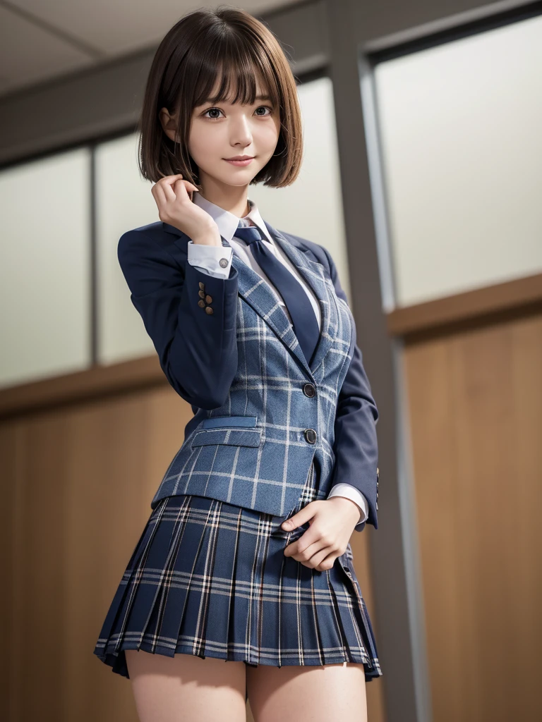 (8k, RAW Photos, highest quality), Stand in the classroom of school, (((((((One woman))))))), ((Brown Hair)), ((Short Bob Hair)), ((Detailed eyes)), ((smile)), ((White blouse)), ((tie)), (((Dark blue closed blazer))), (((A blue plaid pleated miniskirt that wraps around the hips))), Asymmetrical bangs, 少しのsmile, Thighs, knees, Random pose，pretty girl，Slender girl