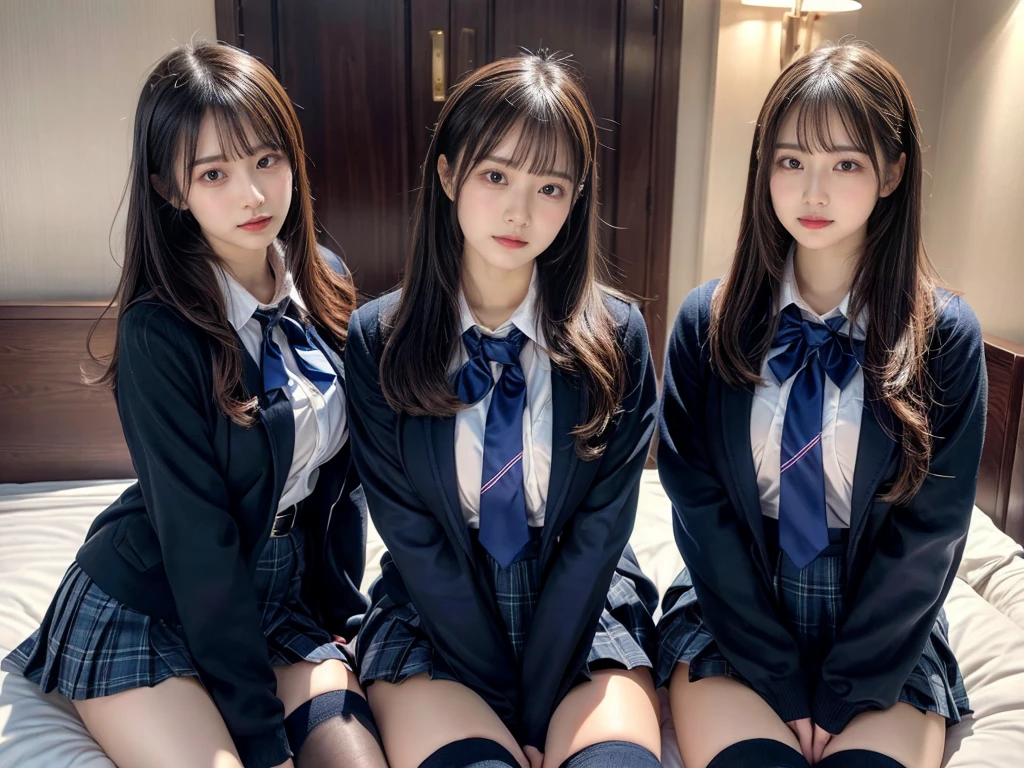 (8K, Raw photography, top-quality, masterpiece:1.2), master piece, best quality, illustration, Super detailed, fine details, High resolution, 8K,wall paper, perfect dynamic composition,(Details High quality, realistic depiction of eyes:1.3), ((2 girls, 2 schoolgirls)), The background is a luxury hotel room、High school girl uniform、blazer 、Super Short Check Uniform Skirt、Navy blue high socks、garterbelts、Colossal tits、Disturbed uniform, Play with each other,Touching each other's bodies,Touching the body of the girl next door, short bob hair, black hair color, huge breasts, Big Natural Color Lip, bold sexy pose, (perfect body shape), crying a little、cold gaze, Beautiful makeup,glitter makeup,Cutest 18 years old, beautiful legs, hposing Gravure Idol, Voluptuous thighs