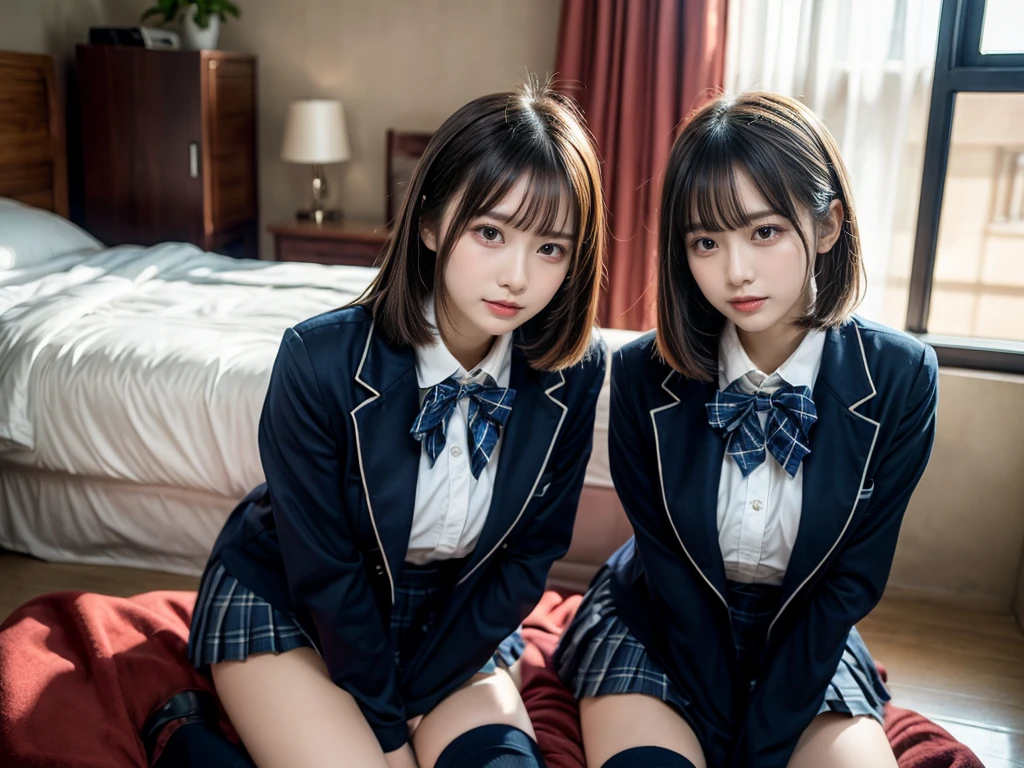 (8K, Raw photography, top-quality, ​masterpiece:1.2), master piece, best quality, illustration, Super detailed, fine details, High resolution, 8K,wall paper, perfect dynamic composition,(Details High quality, realistic depiction of eyes:1.3), ((2 girls, 2 schoolgirls)), The background is a luxury hotel room、High school girl uniform、blazer 、Super Short Check Uniform Skirt、Navy blue high socks、garterbelts、Colossal tits、Disturbed uniform, Play with each other,Touching each other's bodies,Touching the body of the girl next door, short bob hair, black hair color, huge breasts, Big Natural Color Lip, bold sexy pose, (perfect body shape), crying a little、cold gaze,  Beautiful makeup,glitter makeup,Cutest 18 years old, beautiful legs, hposing Gravure Idol, Voluptuous thighs