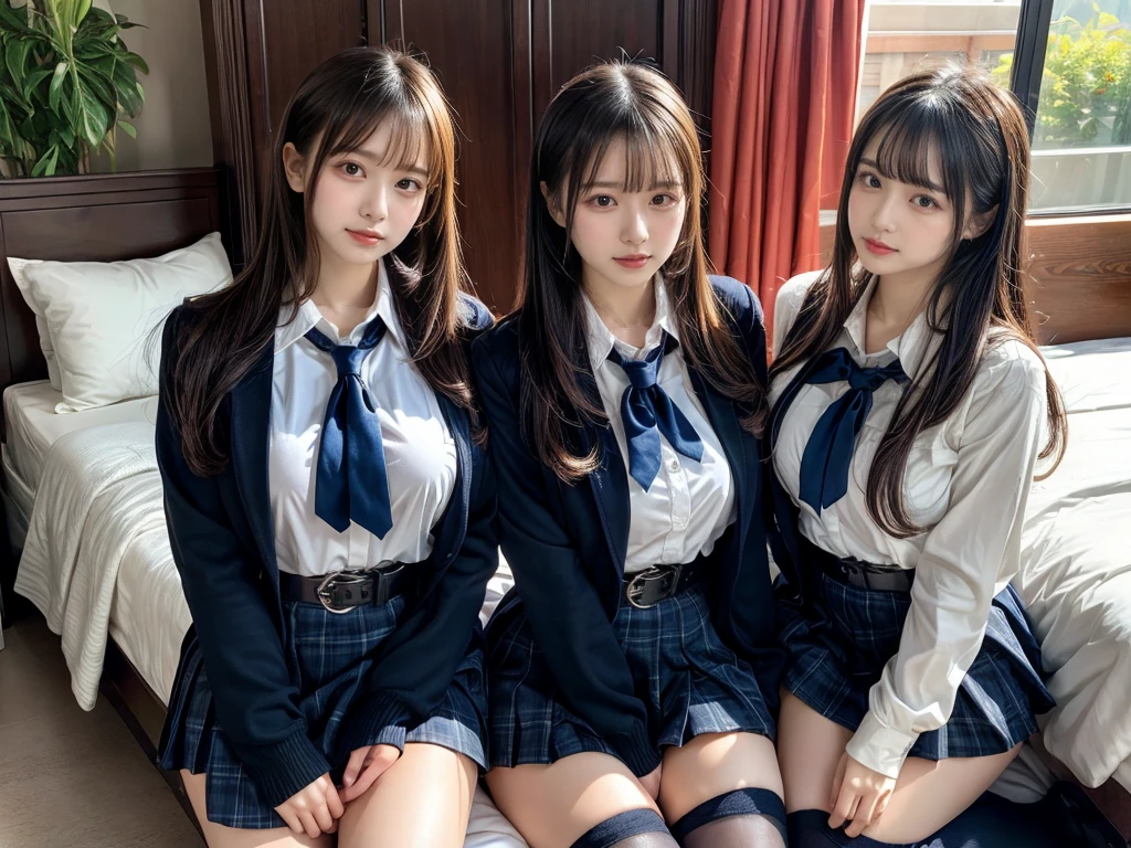 (8K, Raw photography, top-quality, masterpiece:1.2), master piece, best quality, illustration, Super detailed, fine details, High resolution, 8K,wall paper, perfect dynamic composition,(Details High quality, realistic depiction of eyes:1.3), ((2 girls, 2 schoolgirls)), The background is a luxury hotel room、High school girl uniform、blazer 、Super Short Check Uniform Skirt、Navy blue high socks、garterbelts、Colossal tits、Disturbed uniform, Play with each other,Touching each other's bodies,Touching the body of the girl next door, short bob hair, black hair color, huge breasts, Big Natural Color Lip, bold sexy pose, (perfect body shape), crying a little、cold gaze, Beautiful makeup,glitter makeup,Cutest 18 years old, beautiful legs, hposing Gravure Idol, Voluptuous thighs