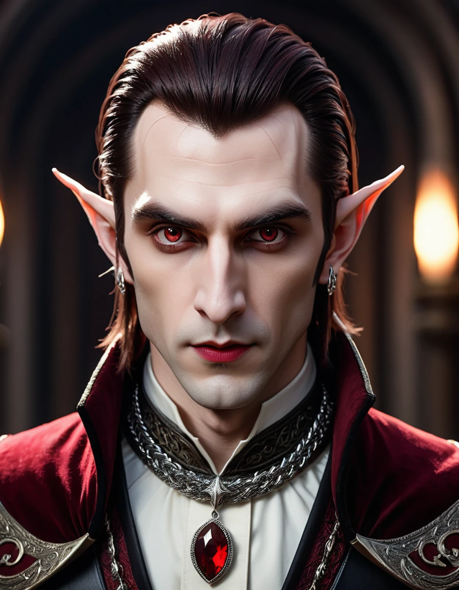 hyperrealistic and heavy detailed modern ((dnd portrait)) of an elf vampire (lord) 1boy, (vivid big eyes), thin red lips, pale white skin, piercings on lips and ears, pointy elf ears, masculine jawline, mutton chops beard style without mustache, long hair dark red color, braids on the sides, wearing long ((crazy fashion alternate costume)) with (draconic print), beige and dark brown costume color, wearing thick silver necklace, detailed face, blurry background, real, atmospheric, sharp, 8k, high textured, maximalist, atmospheric, raytracing, real life, (natural)