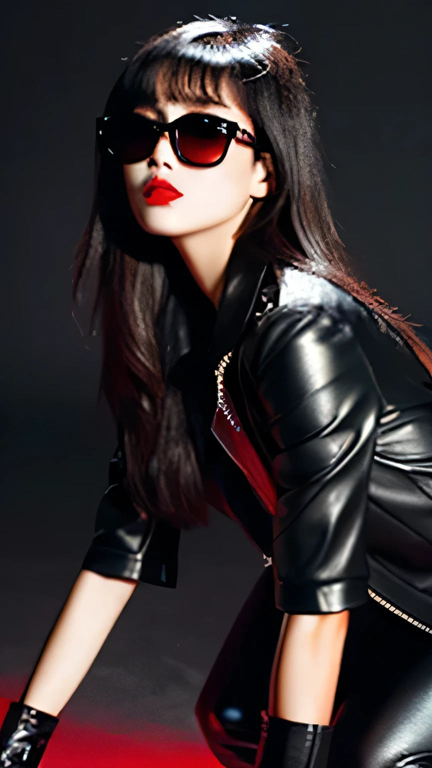 Female, Stylish, Foxy pitch black sunglasses, dark hair, leather jacket, long straight hair, bright red lips, dark background, cool face crouching