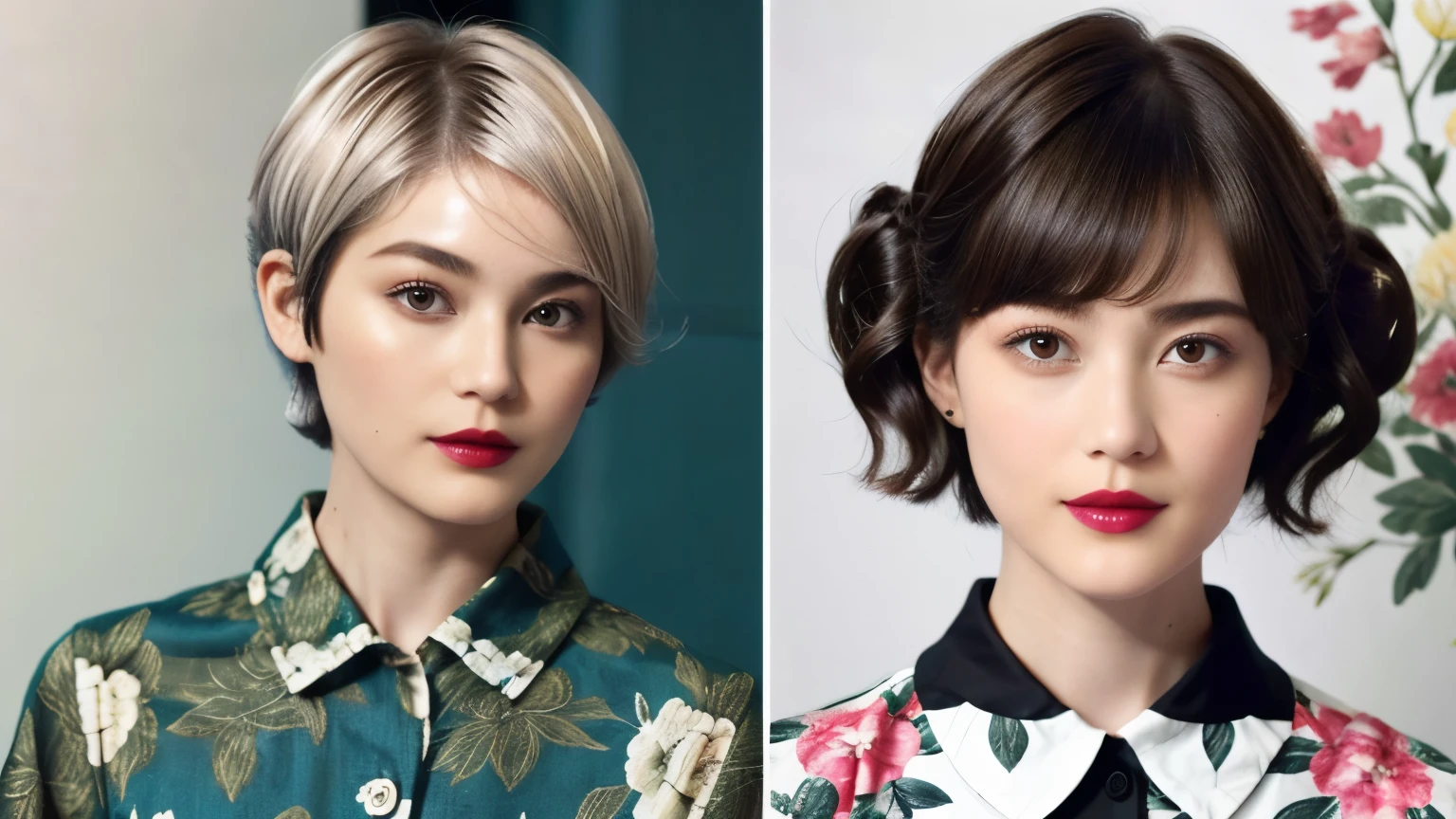 228 (20-year-old woman,Floral clothes), ((Beautiful Hairstyles 46)), ((short hair:1.46)), (lipstick)