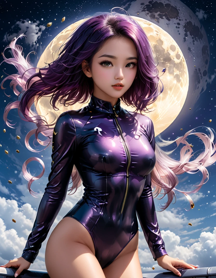 High quality, 16K,Perfect centralization, Fantastic black goldfish, happiness, standing position, abstract beauty, centered, looking at the camera, Facing the camera, approaching perfection, Dynamic, very detailed, seeds, sharp focus, 8K, a high resolution, illustration, art by Karn Griffiths and Vadim Kashin, 1 girl, Incredibly beautiful, Purple hair flutters in the wind, very sexy (strives for perfection).
mirror suit, tightly hugging her body (getting closer to perfection). Stands with his back on the edge of the roof,. night, sky full of stars and a huge silhouette of the moon. Breathtaking view, wind, wind-effect, lunar night view, (great view:1.1).