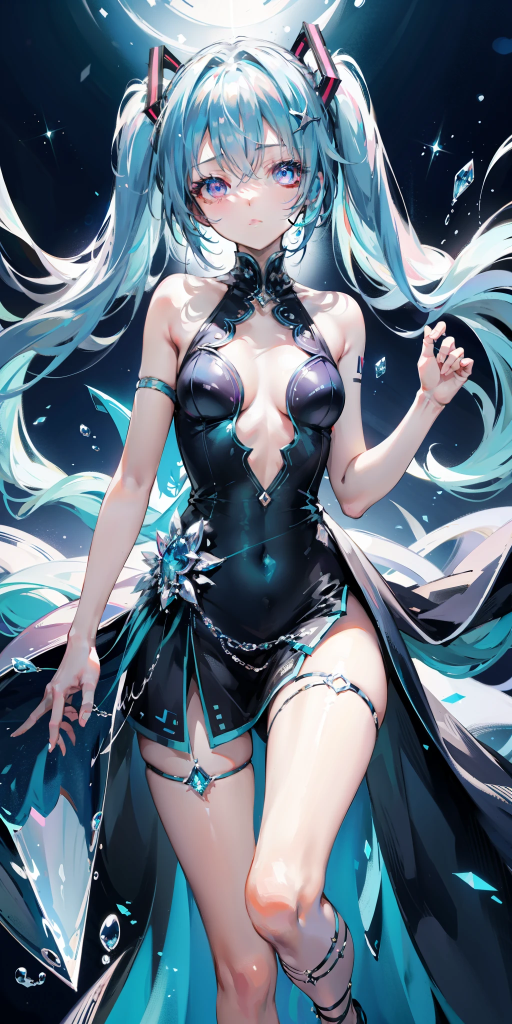 blue theme, Hatsune Miku portrait,masterpiece, magic , (Impossible Dress:1.5), mini skirt, Gradient background, Silver-blue hair, , Bangs,Side Chain, pink eyes, (ulzang-6500-v1.1:0.9), 中等Chest, Chest, Thigh gap, Hair accessories, arching back, Black_witch_have,complicated_decorate,mystery_fountain,luminescent_crystal