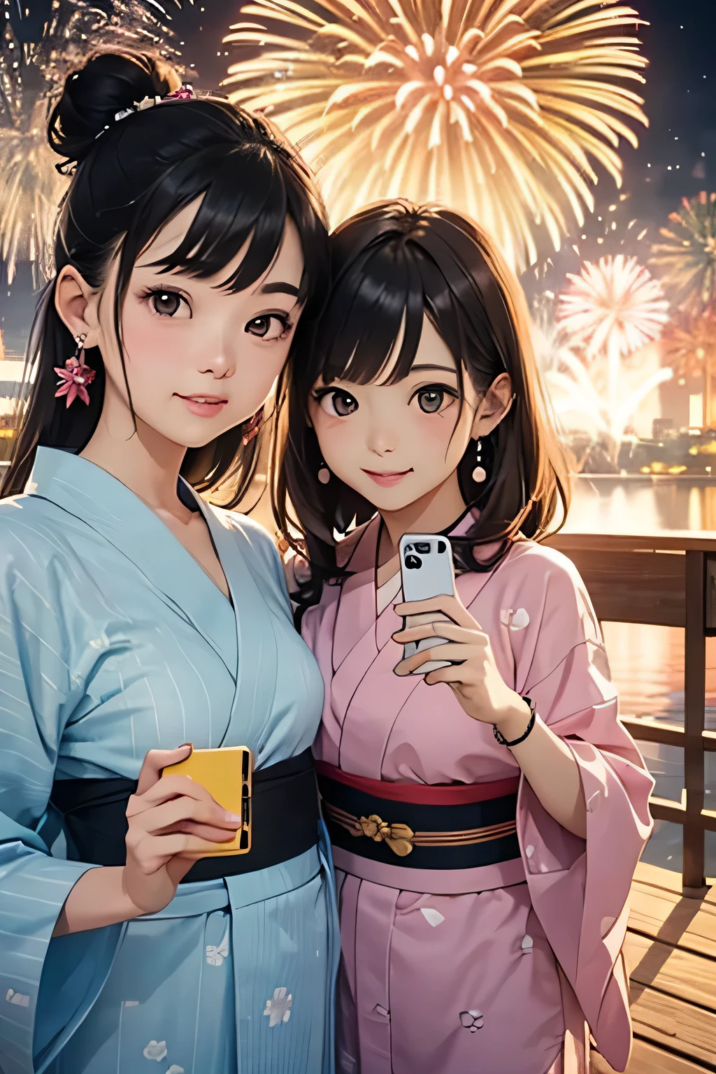 highest quality、High resolution、Detailed Background、(Beautiful face in every detail:1.4)、Anatomically correct、(Detailed facial expressions)、(Detailed eyes:1.2)、(Detailed eyes:1.2)、Teenage beauty、(Highly detailed face:1.4)、Brown Hair、Black Hair、well-groomed eyebrows、In a joking manner、A big smile、cute gesture、Tokyo Skytree and Sensoji Temple、Lake Biwa、Fit on one screen、
(Three beautiful girls taking a selfie with fireworks in the background:1.5)、
The yukata is pink、light blue、Light colors such as pastel colors are recommended.、
Florets and stripes、Cute designs such as polka dot patterns、The length is knee-length or slightly longer for a feminine look.、
The obi is a cute thin ribbon. Choose one that matches the color of the yukata.、Geta are a delicate design、Flower motifs are adorable、
Keep accessories to a minimum and wear earrings and bracelets.、For hair accessories, we recommend ribbons or pearls in a color that matches your yukata.、The key is to create a cute hairstyle, such as a bun or half-up.、Natural makeup is recommended to match the atmosphere of the yukata.、Sandals or flat-designed geta are recommended.、
Sumida River Fireworks Festival、This fireworks festival is famous as a seasonal feature of summer in Tokyo.、Fireworks are launched from both sides of the Sumida River、
It is a popular spot with a beautiful contrast with the scenery of Tokyo Skytree and Sensoji Temple.、
Lake Biwa Fireworks Festival、One of Japan's leading fireworks festivals held in Otsu City, Shiga Prefecture、Fireworks will be launched over the surface of Lake Biwa.、
The view of the fireworks reflected on the lake surface is spectacular and it is a popular viewing spot.、cute
