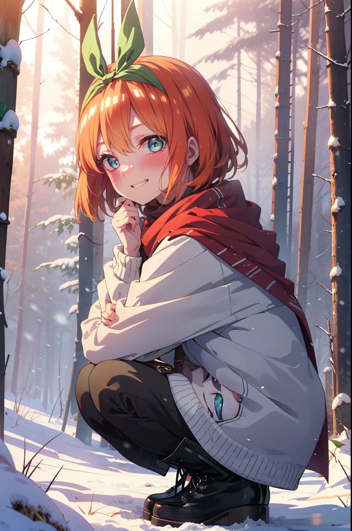 yotsubanakano, yotsuba nakano, bangs, short hair, blue eyes, Hair between the eyes, Hair Ribbon, hair band, Orange Hair, (Green ribbon:1.5), smile, Grin,smile,blush,White Breath,
Open your mouth,snow,Ground bonfire, Outdoor, boots, snowing, From the side, wood, suitcase, Cape, Blurred, Increase your meals, forest, White handbag, nature,  Squat, Mouth closed, フードed Cape, winter, Written boundary depth, Black shoes, red Cape break looking at viewer, Upper Body, whole body, break Outdoor, forest, nature, break (masterpiece:1.2), highest quality, High resolution, unity 8k wallpaper, (shape:0.8), (Beautiful and beautiful eyes:1.6), Highly detailed face, Perfect lighting, Highly detailed CG, (Perfect hands, Perfect Anatomy),