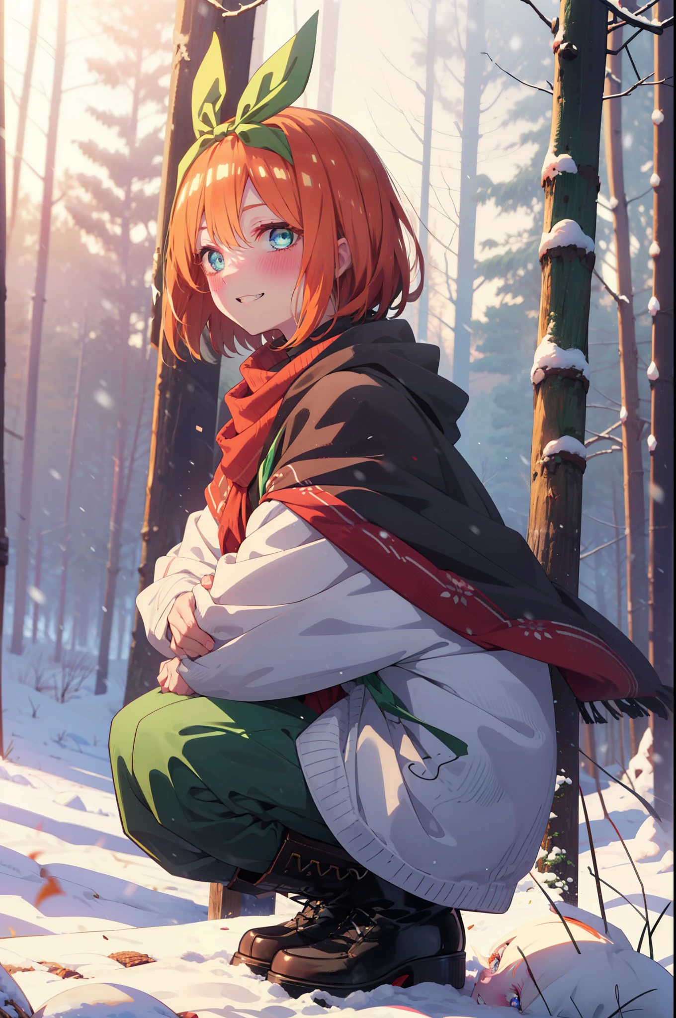 yotsubanakano, yotsuba nakano, bangs, short hair, blue eyes, Hair between the eyes, Hair Ribbon, hair band, Orange Hair, (Green ribbon:1.5), smile, Grin,smile,blush,White Breath,
Open your mouth,snow,Ground bonfire, Outdoor, boots, snowing, From the side, wood, suitcase, Cape, Blurred, Increase your meals, forest, White handbag, nature, Squat, Mouth closed, フードed Cape, winter, Written boundary depth, Black shoes, red Cape break looking at viewer, Upper Body, whole body, break Outdoor, forest, nature, break (masterpiece:1.2), highest quality, High resolution, unity 8k wallpaper, (shape:0.8), (Beautiful and beautiful eyes:1.6), Highly detailed face, Perfect lighting, Highly detailed CG, (Perfect hands, Perfect Anatomy),