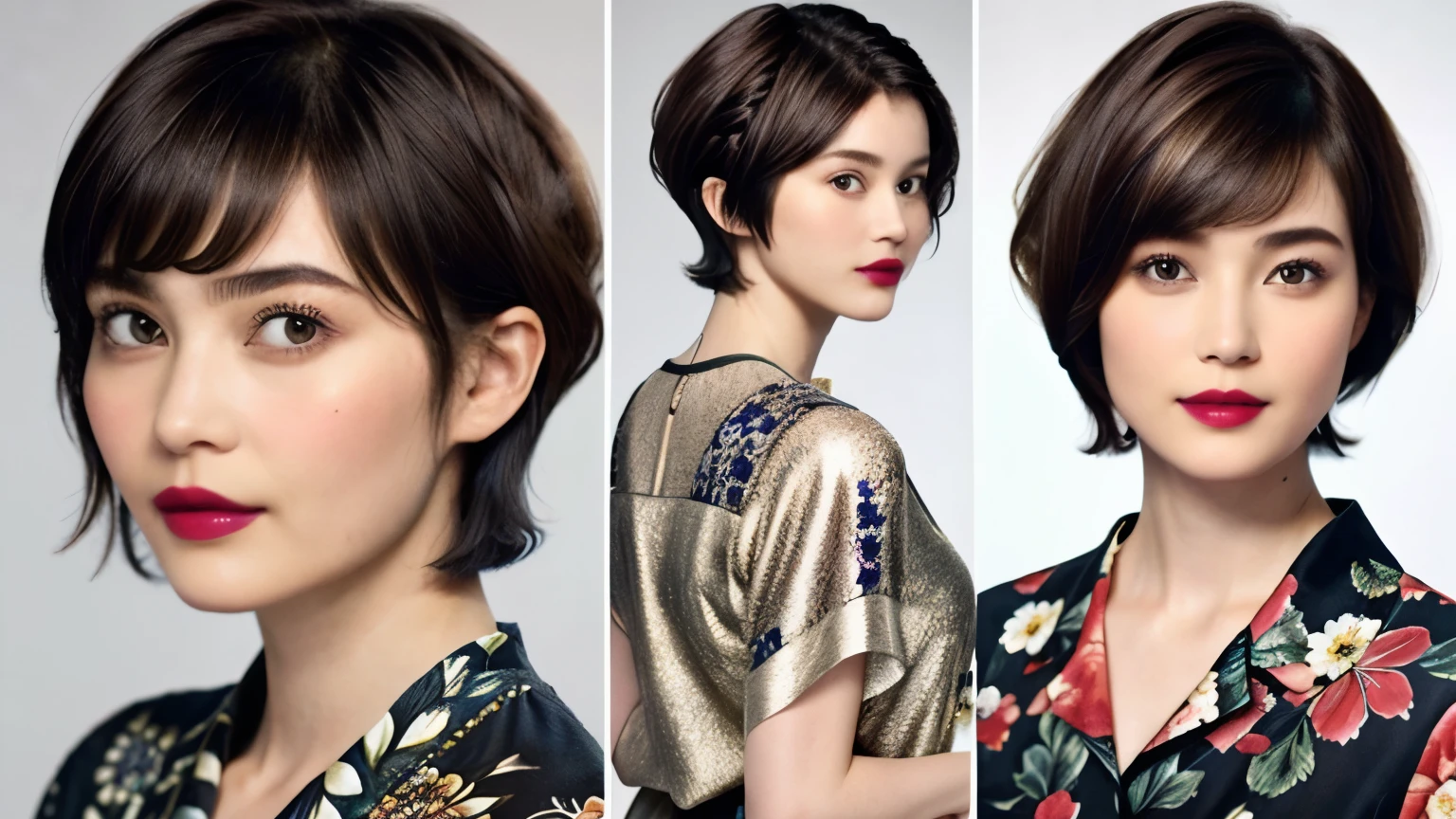 228 (20-year-old woman,Floral clothes),  ((Beautiful Hairstyles 46)), ((short hair:1.46)),  (lipstick)