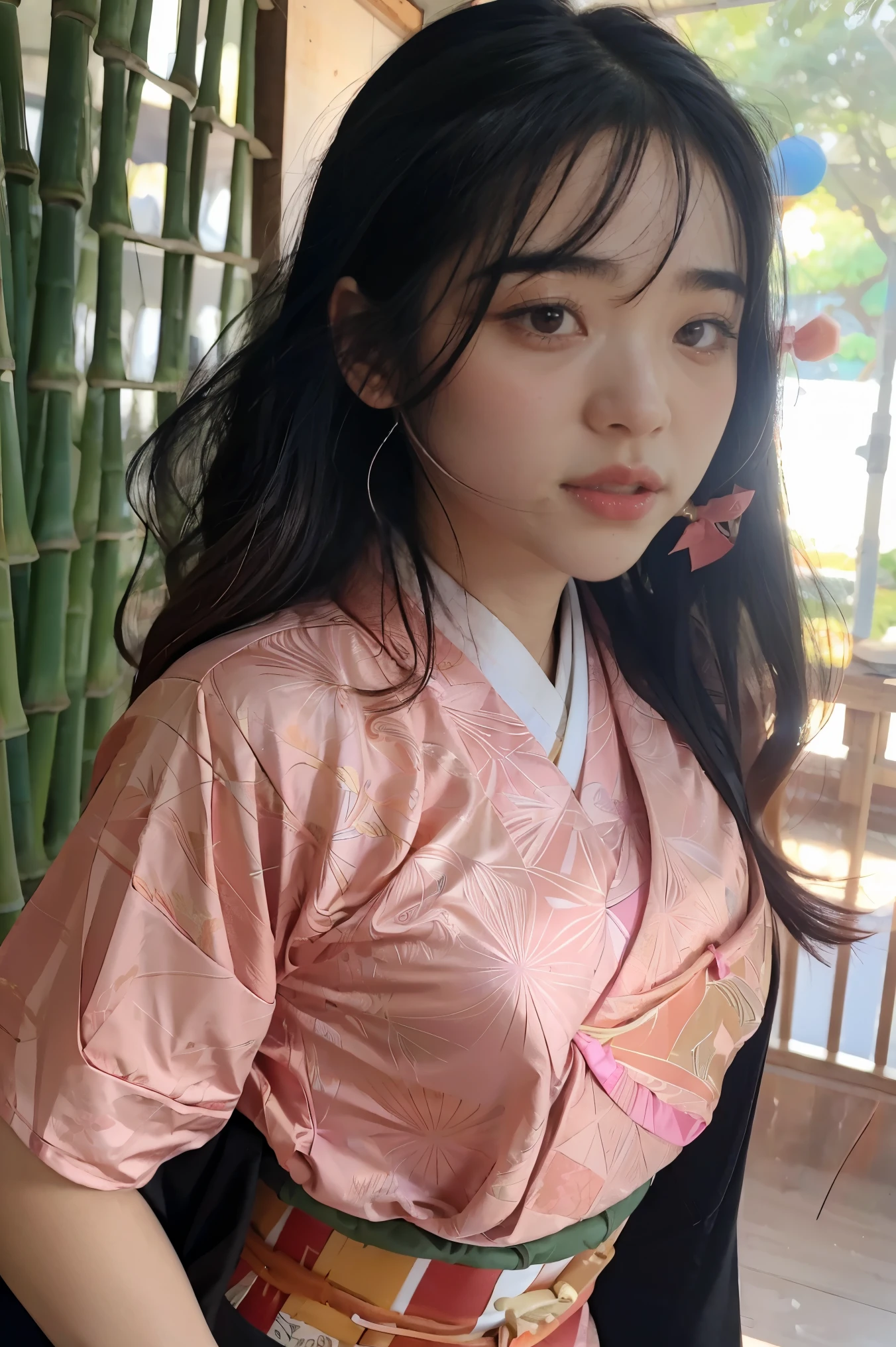 Masterpiece, Best Quality, High Resolution, Venus1, 1Girl, Solo, Tsuko Kamato, Bamboo, ((Gag)), Hair (brown), Plaid Belt, Gag, Gag, Gradient Hair, Hair Ribbon, Haori, Japanese Clothing, ((Black Kimono:1.2)), Very Short Kimono, big , Long Hair, Looking at the Audience, Multicolored Hair, Pink Eyes, Very Short Pink Kimono, Black Outer, Pink Ribbon, Ribbon, Solo, (((Masterpiece)), Forehead, standing posing, bamboo background, Cute puffing cheeks,  seducing, Eyes wide, slim waist, sexy posing, slim tight,