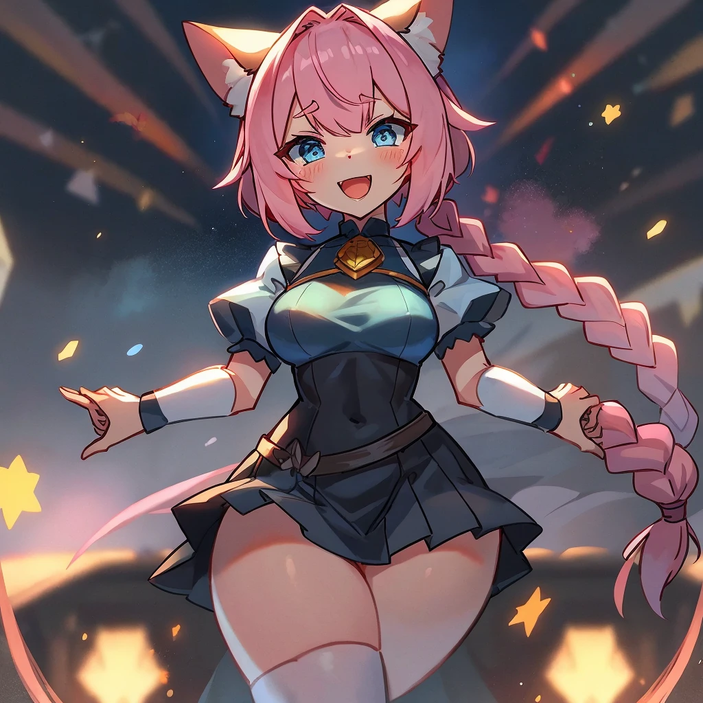 Anime solid color、Colorful and unique space、One Girl、Pink hair, braided hair, bangs, big light blue eyes, energetic、Alice-style one-piece mini skirt、大きなハンマーを堕ち下ろす 当たっている場所から✨がたくさん勢いよく飛び散っている