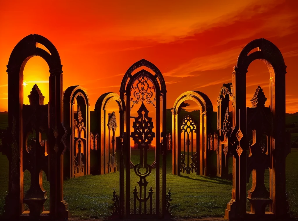 image of a group of arches in a field with a sunset in the background, A Door in Hell, Symmetrical fantasy landscape, majestic occult gate, the The gates of hell, the A Door in Hell, The gates of hell, A gateway to another dimension, doors, which are space portals, mystical setting, gold gate to heaven!!!!!!!!, gate to heaven