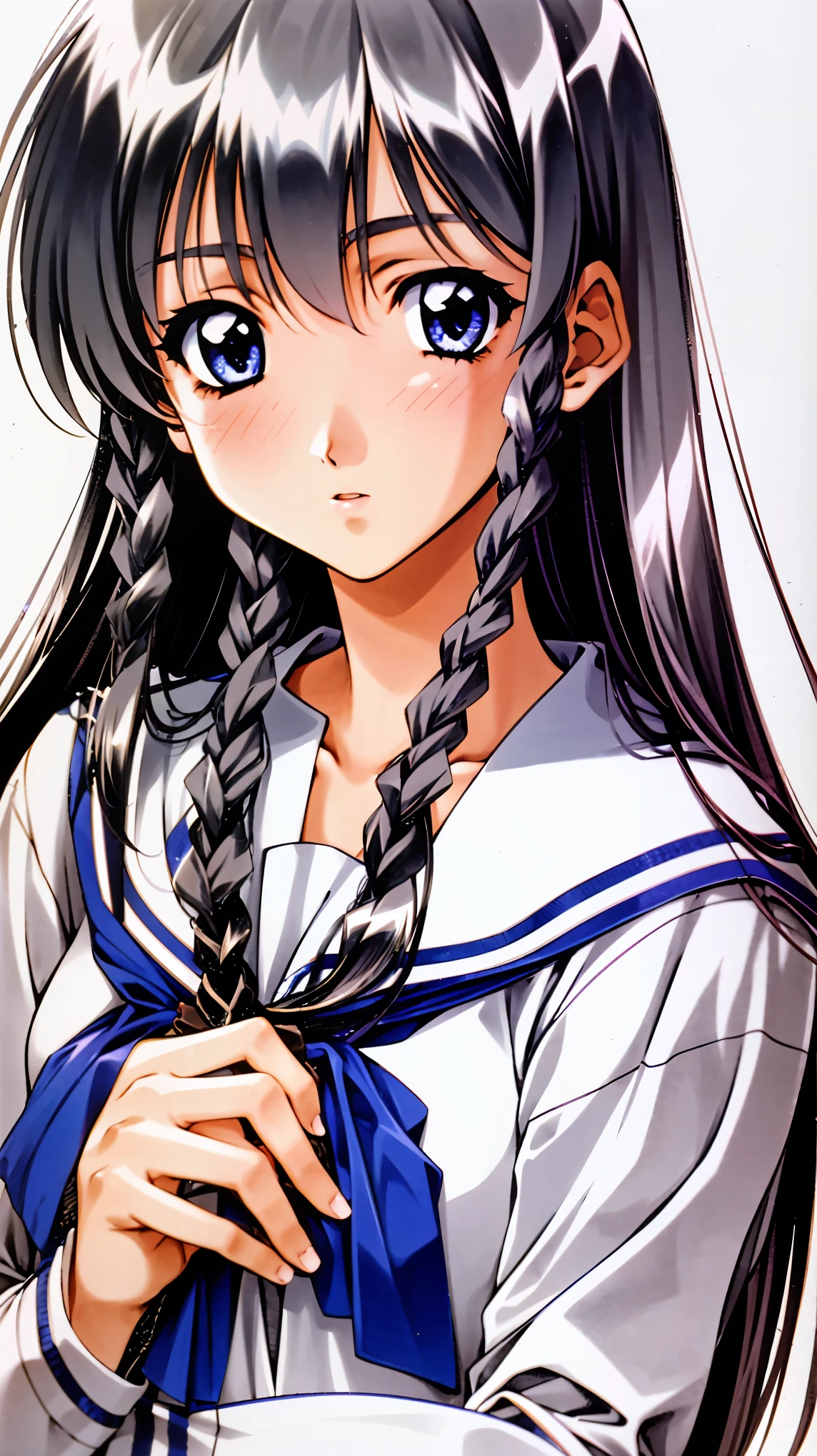 Manami Sugihara, 1girl, solo,(dark grey hair, long hair), blue eyes, braid,(twin braids),(serafuku:1.3),simple background, white background, looking at viewer,(game cg)