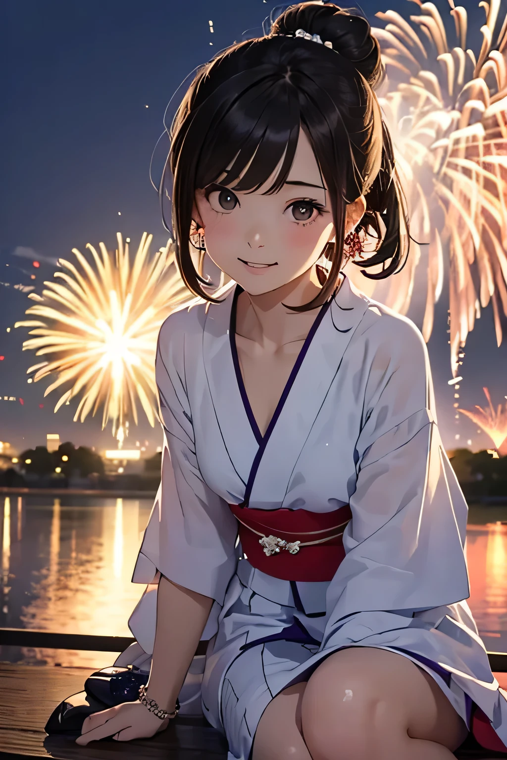 highest quality、High resolution、Detailed Background、(Beautiful face in every detail:1.4)、Anatomically correct、(Detailed facial expressions)、(Detailed eyes:1.2)、(Detailed eyes:1.2)、age beauty、(Highly detailed face:1.4)、Brown Hair、Black Hair、well-groomed eyebrows、In a joking manner、A big smile、cute gesture、Tokyo Skytree and Sensoji Temple、Lake Biwa、Fit on one screen、
(Two beautiful girls having fun with fireworks in the background:1.5)、
The yukata is pink、light blue、Light colors such as pastel colors are recommended.、
Florets and stripes、Cute designs such as polka dot patterns、The length is knee-length or slightly longer for a feminine look.、
The obi is a cute thin ribbon. Choose one that matches the color of the yukata.、Geta are a delicate design、Flower motifs are adorable、
Keep accessories to a minimum and wear earrings and bracelets.、For hair accessories, we recommend ribbons or pearls in a color that matches your yukata.、The key is to create a cute hairstyle, such as a bun or half-up.、Natural makeup is recommended to match the atmosphere of the yukata.、Sandals or flat-designed geta are recommended.、
Sumida River Fireworks Festival、This fireworks festival is famous as a seasonal feature of summer in Tokyo.、Fireworks are launched from both sides of the Sumida River、
It is a popular spot with a beautiful contrast with the scenery of Tokyo Skytree and Sensoji Temple.、
Lake Biwa Fireworks Festival、One of Japan's leading fireworks festivals held in Otsu City, Shiga Prefecture、Fireworks will be launched over the surface of Lake Biwa.、
The view of the fireworks reflected on the lake surface is spectacular and it is a popular viewing spot.、cute