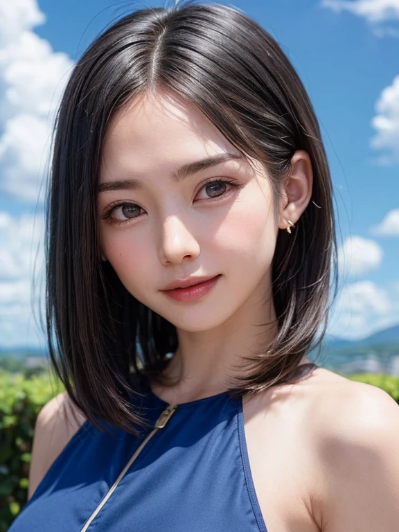 (Software:1.8、masterpiece, best quality),1 girl, whole body, whole body:1.7, Solitary, hyper Practical, Practical,Practical, looking at the audience, Light brown eyes:1.4,Brunette bob short hair with highly detailed shiny hair, Beautiful dark blue design dress clothing:1.6, Lebangas:1.4), mouth closed, Upper Body、Large target Chest eye、eyelash、{巨Large targetな|Large target Chest|巨Large targetなな|Trillion} all :2, Chestの谷間:2、(((Add highlights to the eyes:1.4、Large target Chest eye、bob short hair、radiant skin:1.4、looking at the audience、she is very beautiful and cute、Let me see your ears、Beautiful long neck:1.8、Smile、Close your mouth and Smile、Bangs and beautiful teeth)))、Ideal body shape、((Very beautiful blue sky background with clouds:2、Landscape with deep blue sky and beautiful clouds:2、Very beautiful blue sky background:2))、Beautiful long neck:1.6、(({巨Large target|Large target|巨Large targetな|Trillion} Chest, Chestの谷間:2))、(((image:2、Close-up of face:2、Close-up of face:2)))、Perfect anatomical structure