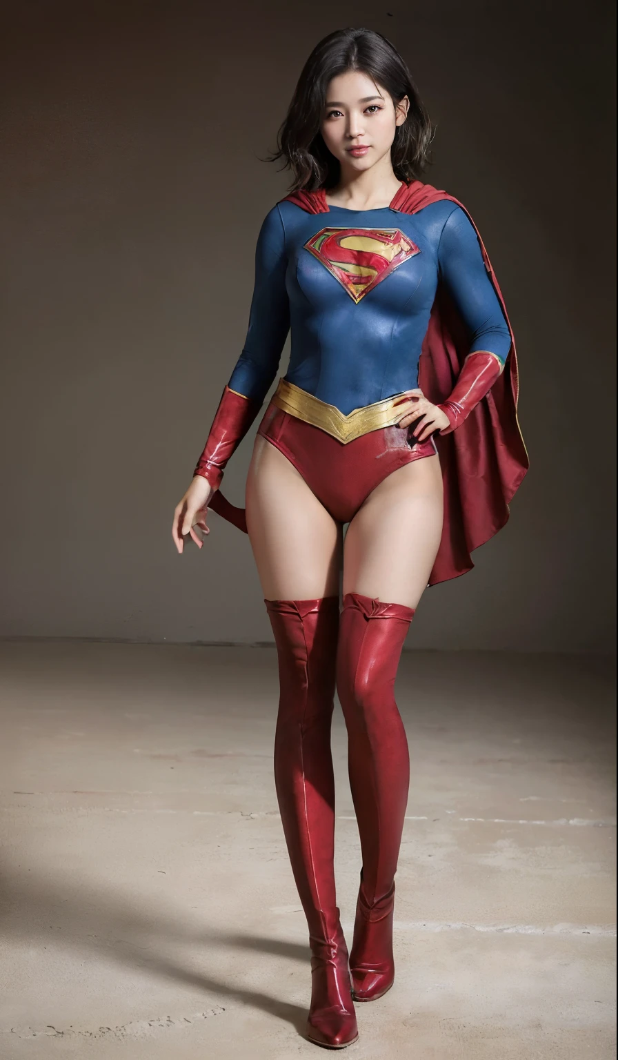 No background、(((Polish your style)))、(((Model Body Type)))、(((Beautiful legs in black tights.)))、(((Legally express the beauty of your smile)))、((((Make the most of your original images)))、(((Supergirl Costume)))、(((体にフィットするSupergirl Costume)))、(((Short beautiful hair)))、(((suffering)))、(((Please wear black tights....、Wear red boots)))、((Best image quality、8k))、((highest quality、8k、masterpiece:1.3))、(((Preserve background )))、Sharp focus:1.2、Beautiful woman with perfect figure:1.4、Slim Abs:1.2、Wet body:1.5、Highly detailed face and skin texture、8k