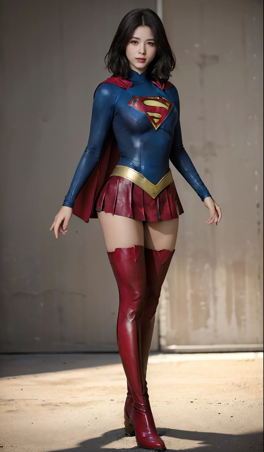 No background、(((Polish your style)))、(((Model Body Type)))、(((Beautiful legs in black tights.)))、(((Legally express the beauty of your smile)))、((((Make the most of your original images)))、(((Supergirl Costume)))、(((体にフィットするSupergirl Costume)))、(((Short beautiful hair)))、(((suffering)))、(((Please wear black tights....、Wear red boots)))、((Best image quality、8k))、((highest quality、8k、masterpiece:1.3))、(((Preserve background )))、Sharp focus:1.2、Beautiful woman with perfect figure:1.4、Slim Abs:1.2、Wet body:1.5、Highly detailed face and skin texture、8k