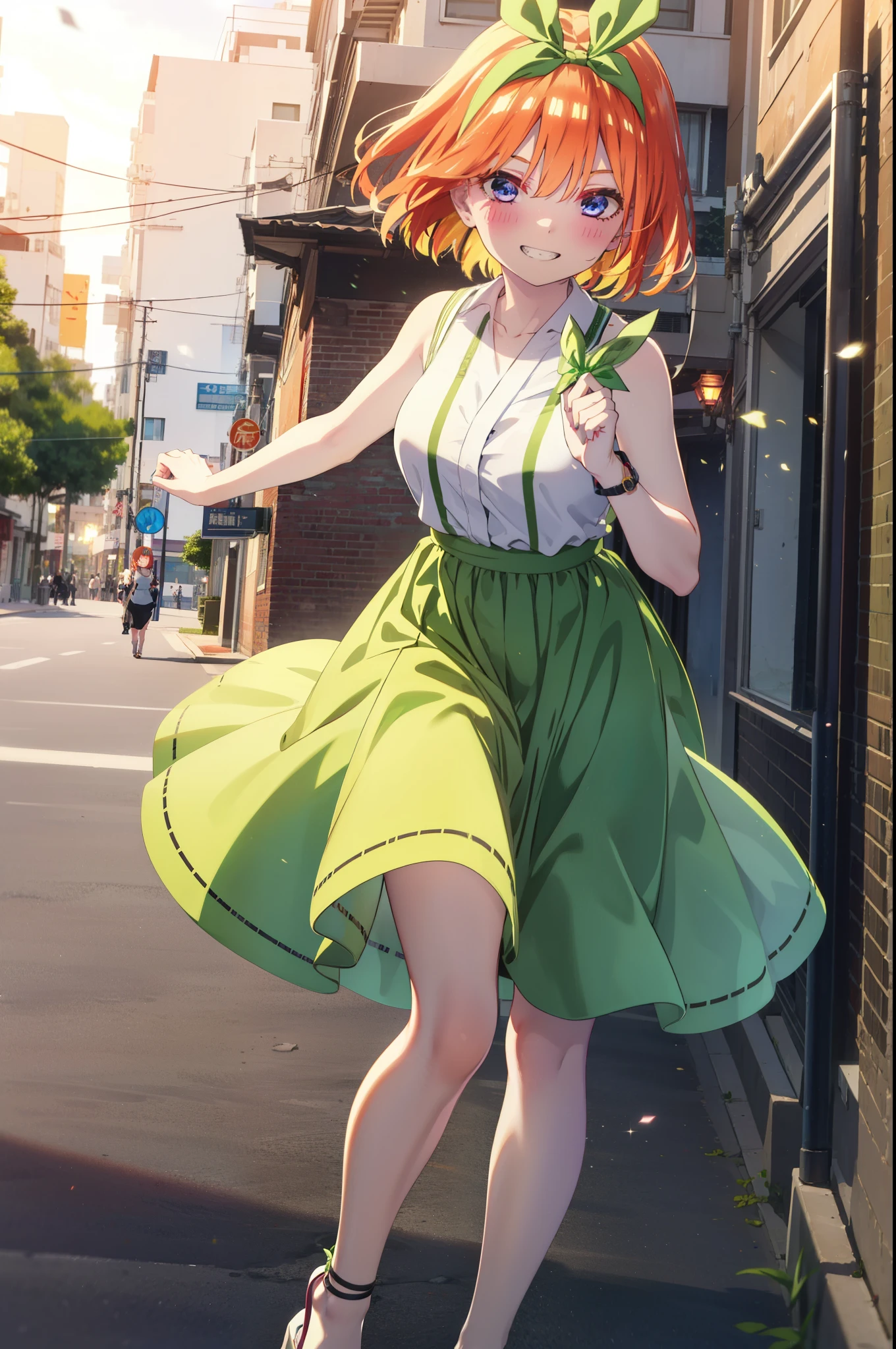 yotsubanakano, yotsuba nakano, bangs, short hair, blue eyes, Hair between the eyes, Hair Ribbon, hair band, Orange Hair, (Green ribbon:1.5), smile, Grin,smile,Sleeveless green dress,Bare arms,Green long skirt,Cute heeled sandals,sunset,evening,The sun goes down,My hair is blowing in the wind,whole bodyがイラストに入るように,Looking down from above,
break outdoors, city,海岸通り
break looking at viewer, whole body,
break (masterpiece:1.2), highest quality, High resolution, unity 8k wallpaper, (shape:0.8), (Beautiful details:1.6), Highly detailed face, Perfect lighting, Extremely detailed CG, (Perfect hands, Perfect Anatomy),