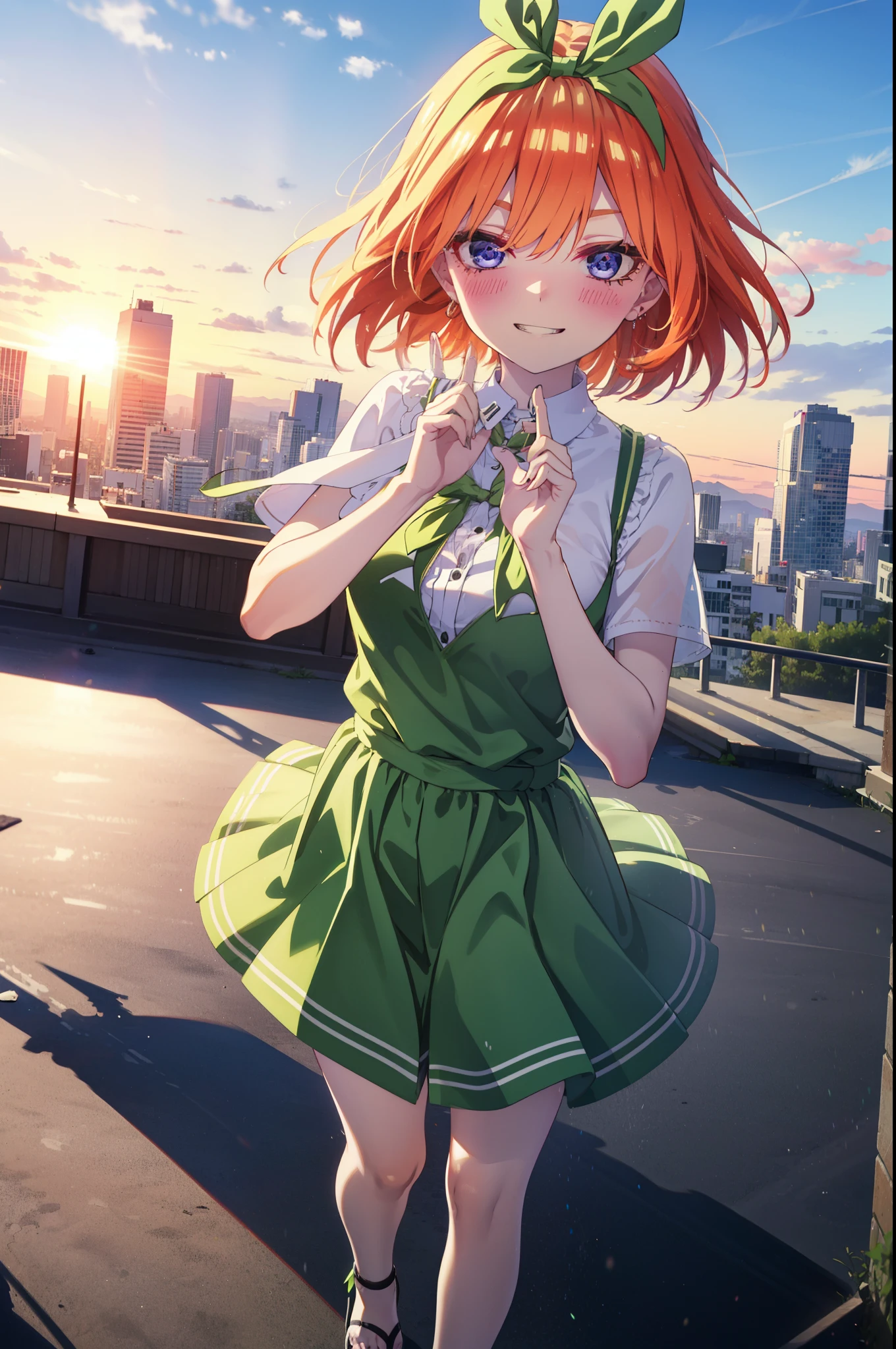 yotsubanakano, yotsuba nakano, bangs, short hair, blue eyes, Hair between the eyes, Hair Ribbon, hair band, Orange Hair, (Green ribbon:1.5), smile, Grin,smile,Sleeveless green dress,Bare arms,Green long skirt,Cute heeled sandals,sunset,evening,The sun goes down,My hair is blowing in the wind,whole bodyがイラストに入るように,Looking down from above,
break outdoors, city,海岸通り
break looking at viewer, whole body,
break (masterpiece:1.2), highest quality, High resolution, unity 8k wallpaper, (shape:0.8), (Beautiful details:1.6), Highly detailed face, Perfect lighting, Extremely detailed CG, (Perfect hands, Perfect Anatomy),