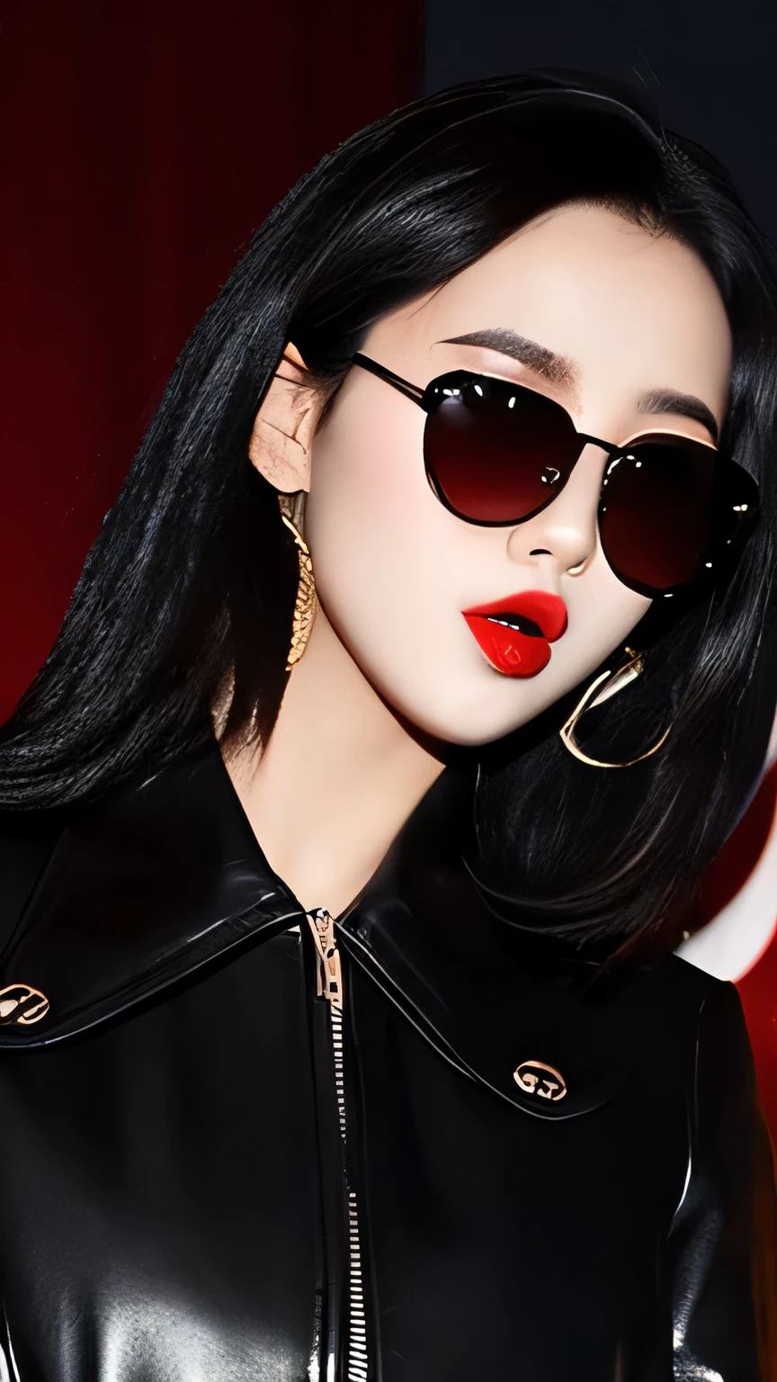 Female, Stylish, Foxy pitch black sunglasses, dark hair, leather jacket, long straight hair, bright red lips, dark background, sexy face with tongue hanging out