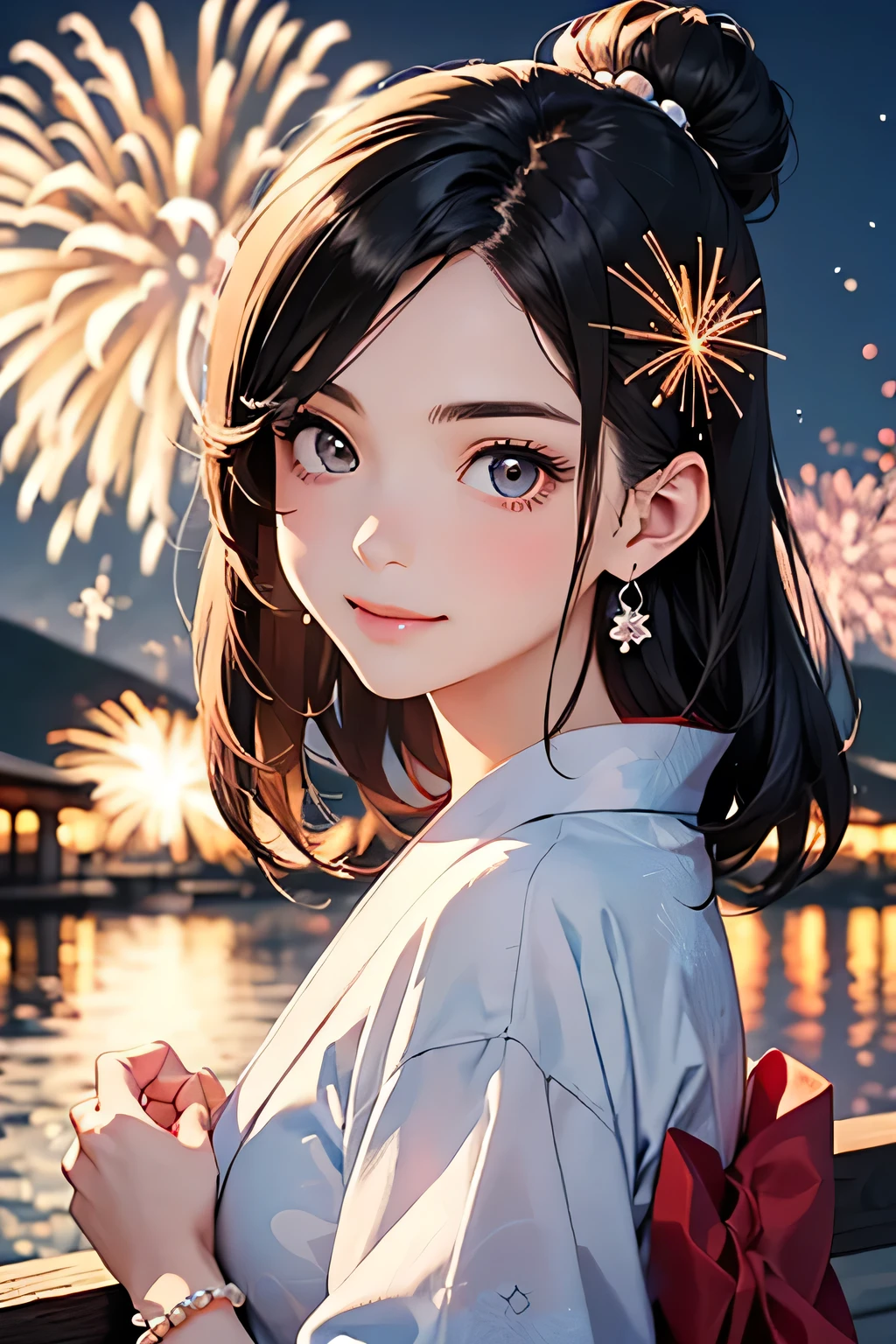 highest quality、High resolution、Detailed Background、(Beautiful face in every detail:1.4)、Anatomically correct、(Detailed facial expressions)、(Detailed eyes:1.2)、(Detailed eyes:1.2)、age beauty、(Highly detailed face:1.4)、Brown Hair、Black Hair、well-groomed eyebrows、In a joking manner、A big smile、cute gesture、Lake Biwa、Fit on one screen、
(Two beautiful girls having fun with fireworks in the background:1.5)、
The yukata is pink、light blue、Light colors such as pastel colors are recommended.、
Florets and stripes、Cute designs such as polka dot patterns、The length is knee-length or slightly longer for a feminine look.、
The obi is a cute thin ribbon. Choose one that matches the color of the yukata.、Geta are a delicate design、Flower motifs are adorable、
Keep accessories to a minimum and wear earrings and bracelets.、For hair accessories, we recommend ribbons or pearls in a color that matches your yukata.、The key is to create a cute hairstyle, such as a bun or half-up.、Natural makeup is recommended to match the atmosphere of the yukata.、Sandals or flat-designed geta are recommended.、
Lake Biwa Fireworks Festival、One of Japan's leading fireworks festivals held in Otsu City, Shiga Prefecture、Fireworks will be launched over the surface of Lake Biwa.、
The view of the fireworks reflected on the lake surface is spectacular and it is a popular viewing spot.、cute