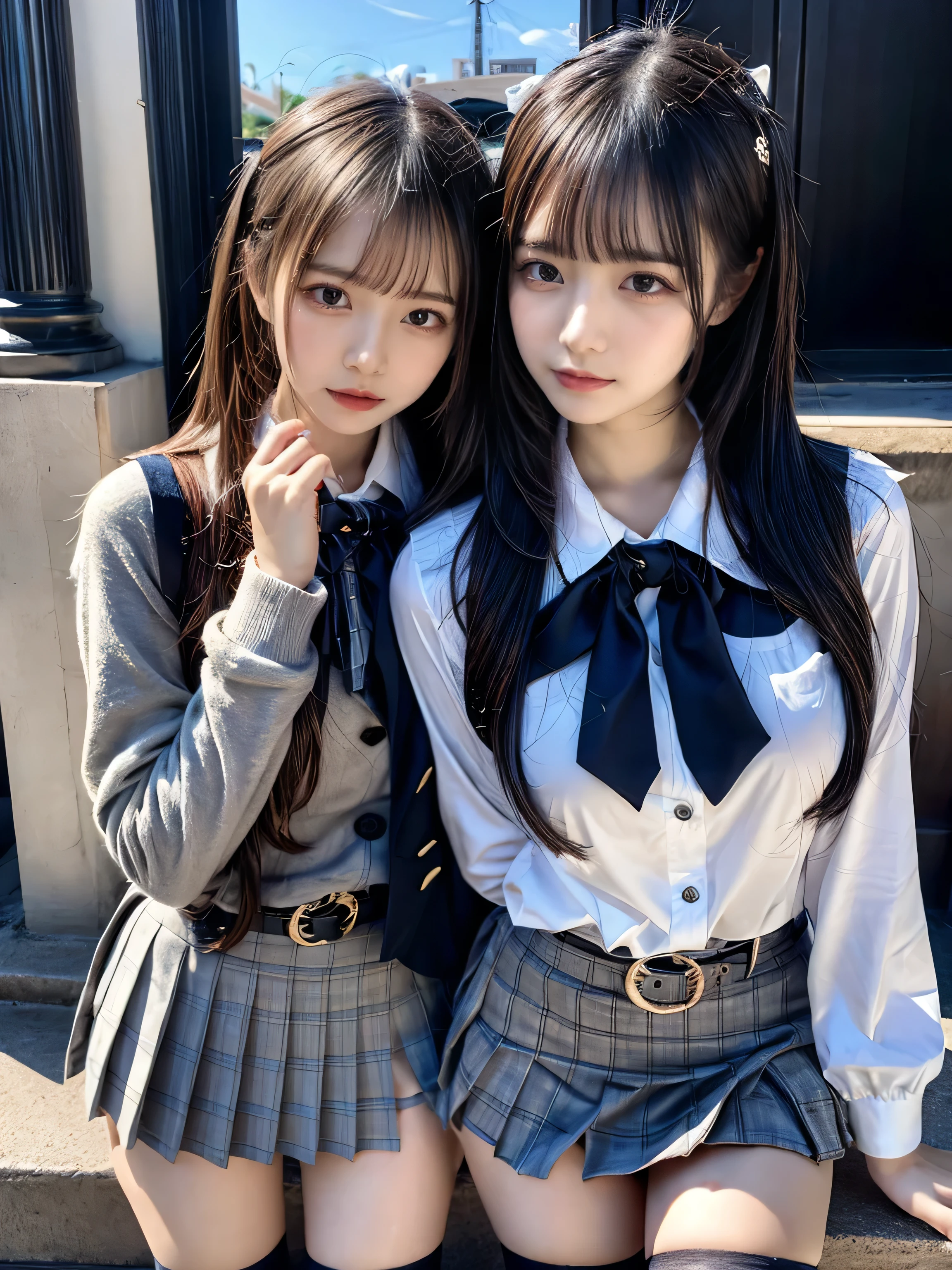 (8K, Raw photography, top-quality, ​masterpiece:1.2), muster piece, best quality, illustration, Super detailed, fine details, High resolution, 8K,wall paper, perfect dynamic composition,(Details High quality, realistic depiction of eyes:1.3), ((2 girls, 2 schoolgirls)), The background is a luxury hotel room、High school girl uniform、blazer 、Super Short Check Uniform Skirt、Navy blue high socks、garterbelts、Colossal tits、Disturbed uniform, Play with each other,Touching each other's bodies,Touching the body of the girl next door, short bob hair, black hair color, huge breasts, Big Natural Color Lip, bold sexy pose, (perfect body shape), crying a little、cold gaze, Beautiful makeup,glitter makeup,Cutest 18 years old、 beautiful legs, hposing Gravure Idol, Voluptuous thighs