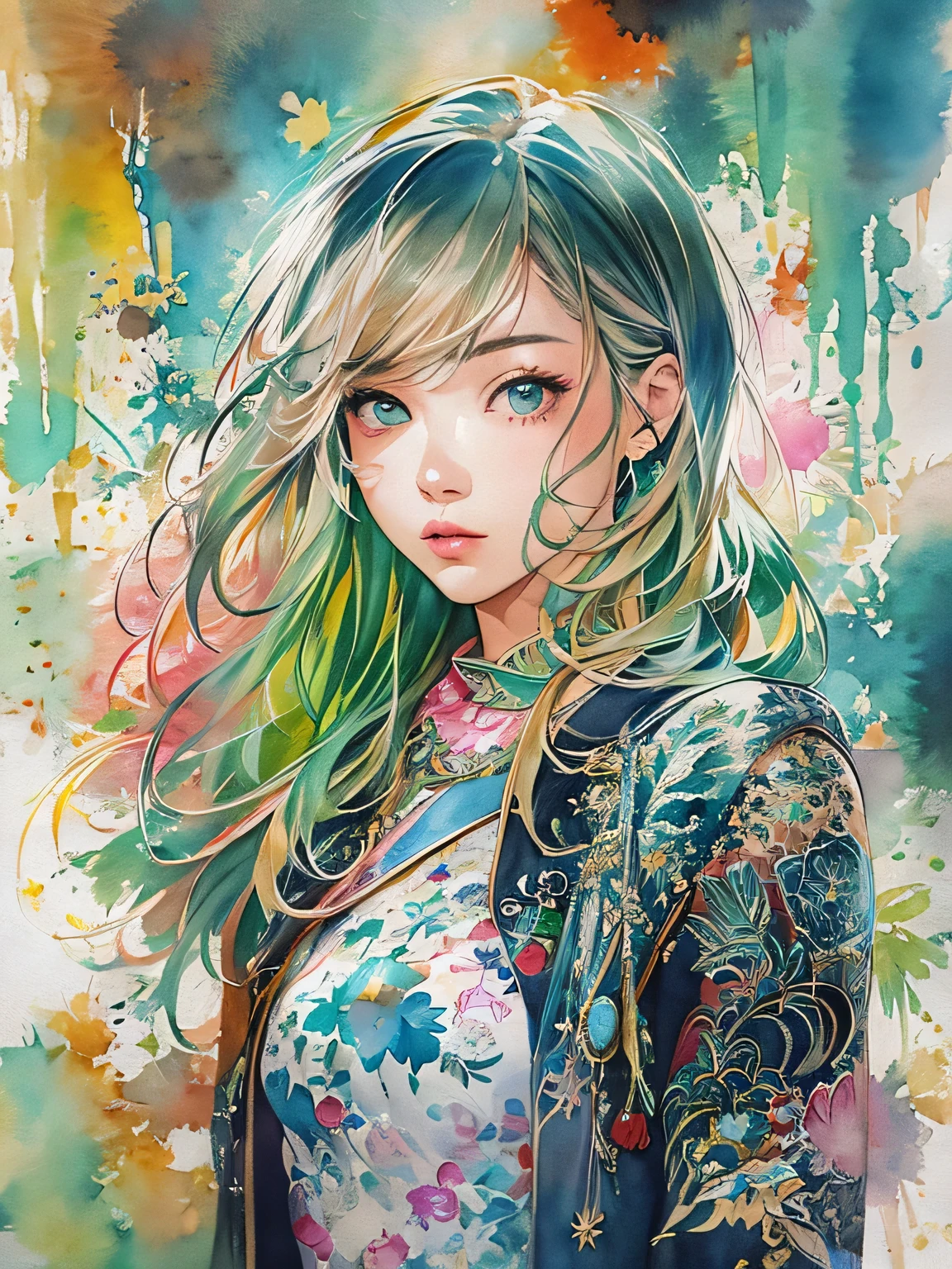 Masayo Style、(((stylish fashion))), 8K Quality、Intense watercolor, Detailed watercolor art, Watercolor splash, Surreal, avant-garde pop art, Beautiful and expressive paintings, Beautiful artwork illustration, Very colorful tones, wonderful, Cool beauty, highest quality、Official Art, Vector art, Stylish design, (((The most beautiful girl))), (((highest quality))), HDR, ((detailed)), (((Doodle Art)), ((masterpiece)), ((Super detailed)), (((Stylish))),