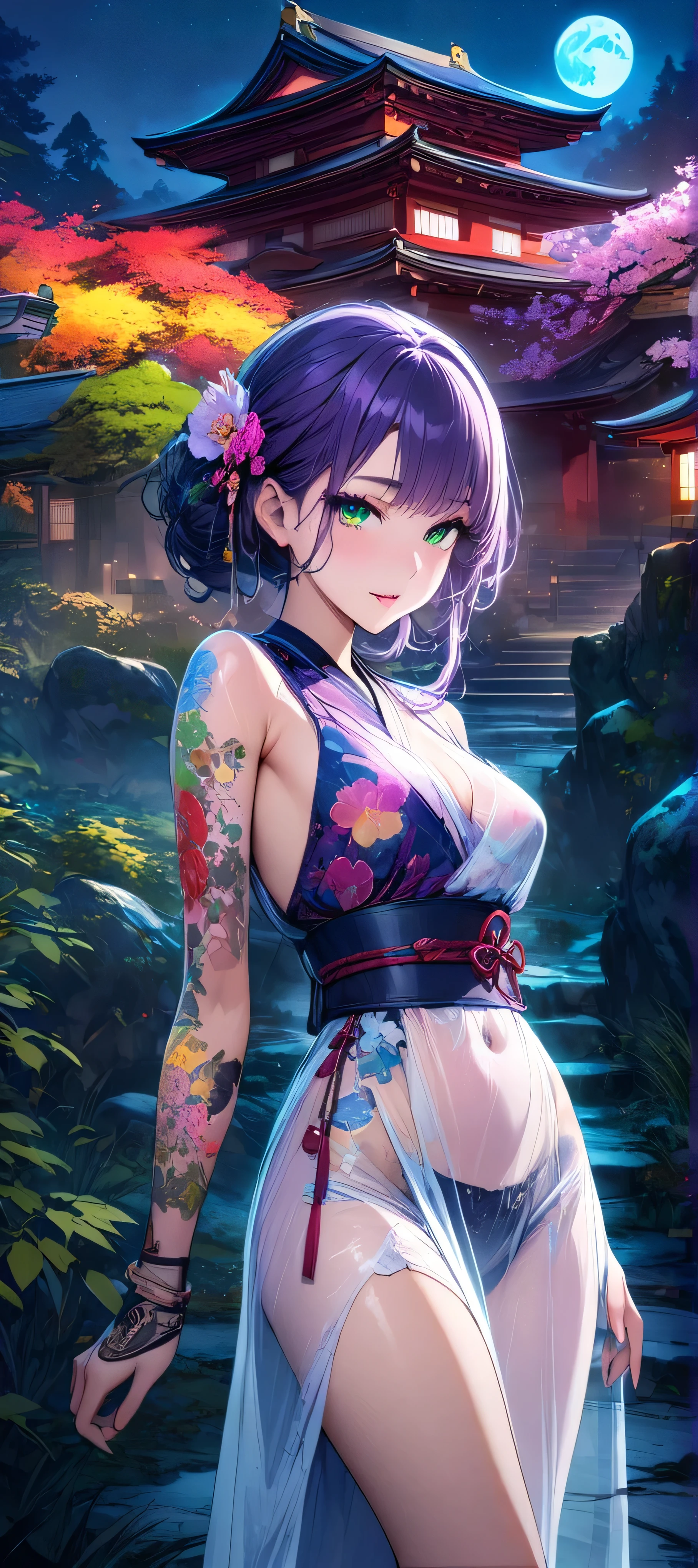(masutepiece, of the highest quality, Best Quality, Official art, Beautiful and aesthetic:1.2), Extremely detailed,(Colorful:1.1),highest details, one arafed woman with purple hair and green eyes, japanese tattoo sleeve on her right arm, transparent dress, sfw, japanese temple, night, blue moon