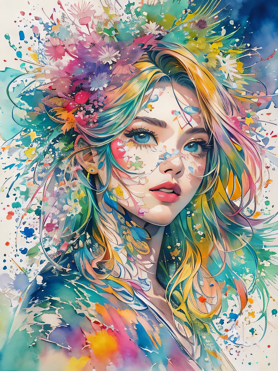 Masayo Style、(((stylish fashion))), 8K Quality、Intense watercolor, Detailed watercolor art, Watercolor splash, Surreal, avant-garde pop art, Beautiful and expressive paintings, Beautiful artwork illustration, Very colorful tones, wonderful, Cool beauty, highest quality、Official Art, Vector art, Stylish design, (((The most beautiful girl))), (((highest quality))), HDR, ((detailed)), (((Doodle Art)), ((masterpiece)), ((Super detailed)), (((Stylish))),