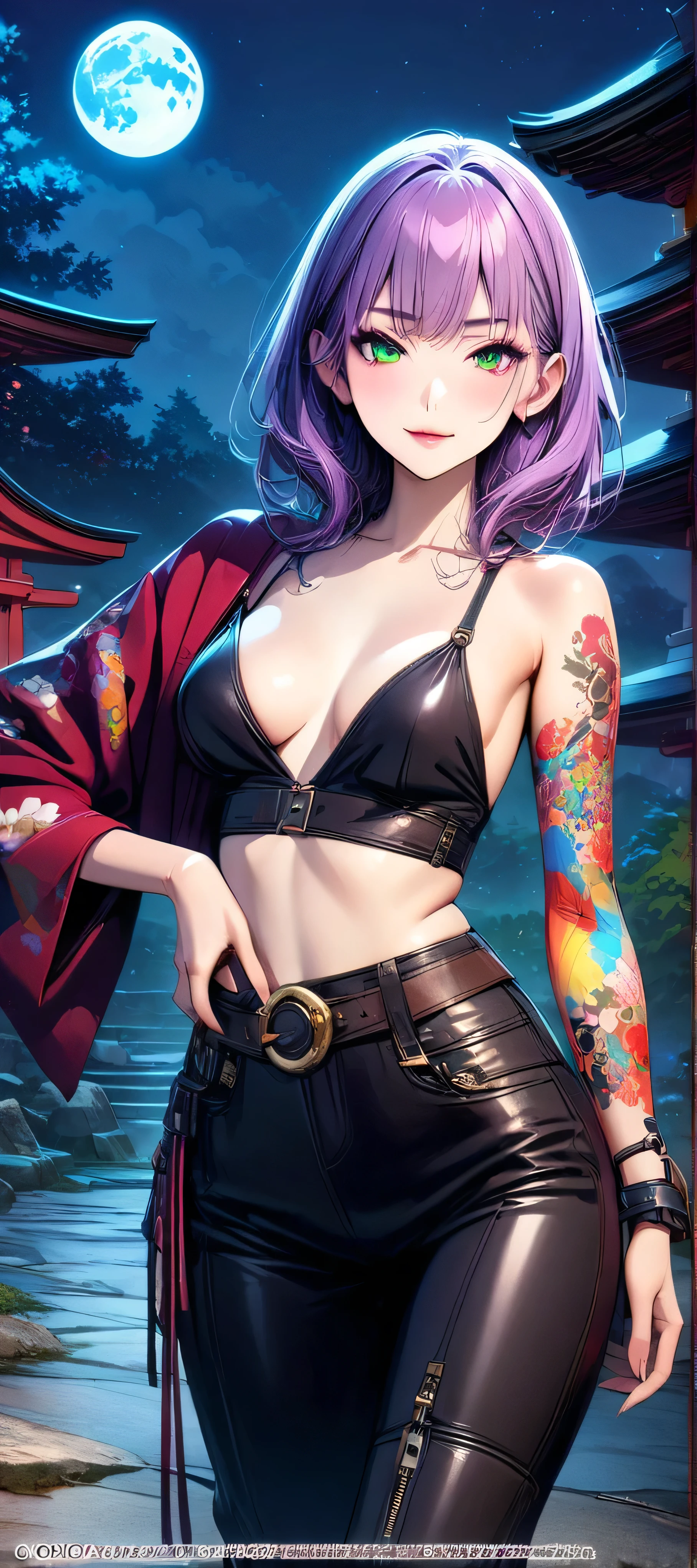 (masutepiece, of the highest quality, Best Quality, Official art, Beautiful and aesthetic:1.2), Extremely detailed,(Colorful:1.1),highest details, one arafed woman with purple hair and green eyes, japanese tattoo sleeve on her right arm, leather dress, sfw, japanese temple, night, blue moon