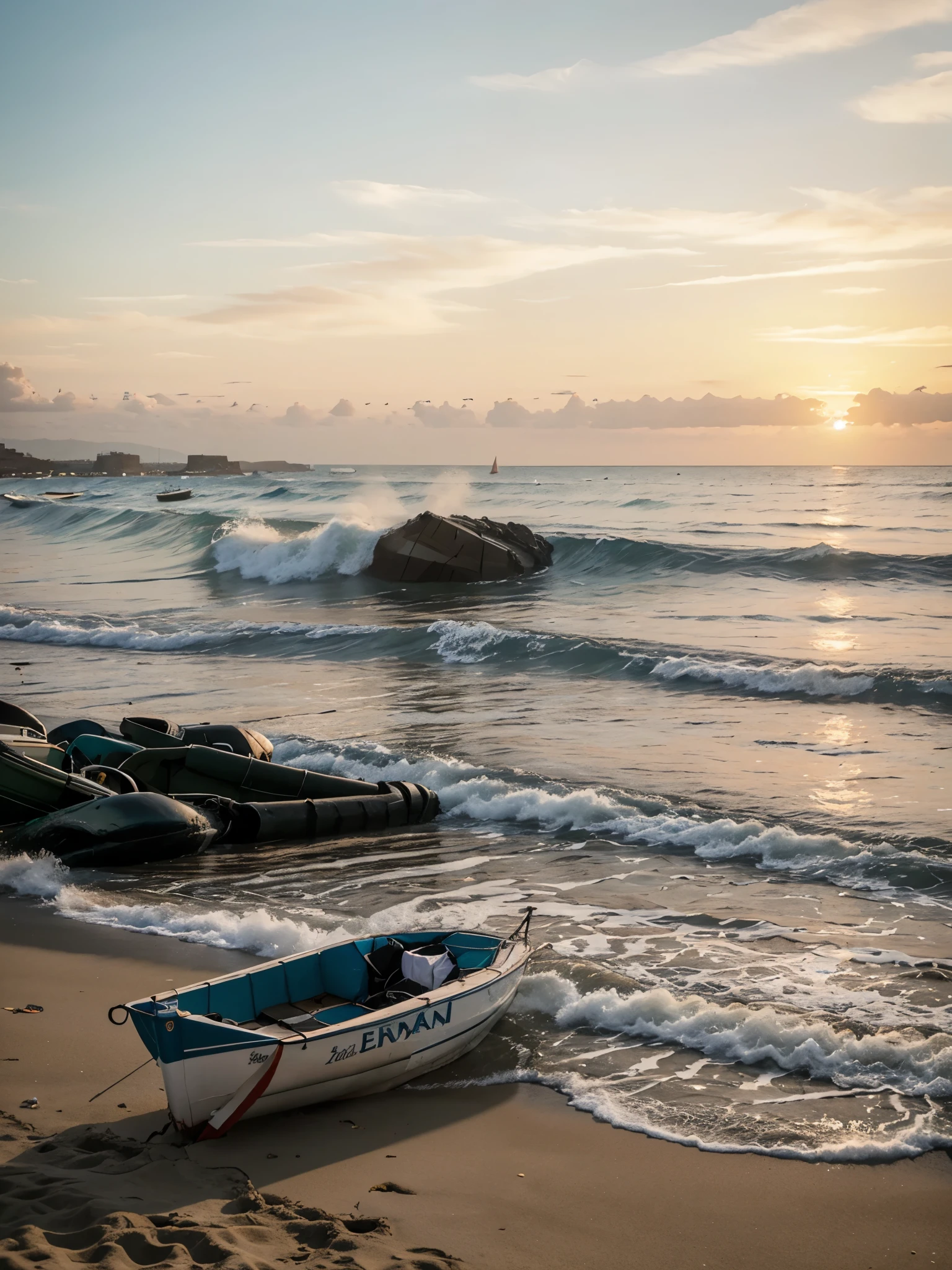 Un atardecer en la playa sin personas en la arena, y hayan barcos de vela y motos de agua