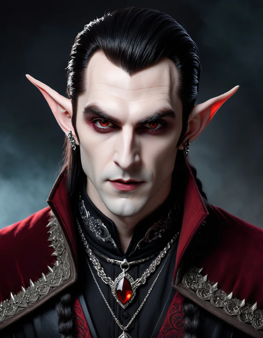 hyperrealistic and heavy detailed modern ((dnd portrait)) of an elf vampire (lord) 1boy, pale white skin, piercings on lips and ears, black metal style eye makeup, pointy elf ears, masculine jawline, mutton chops beard style without mustache, long hair dark red color, braids on the sides, wearing long ((crazy fashion alternate costume)) with (draconic print), beige and dark brown costume color, wearing thick silver necklace, detailed face, blurry background, real, atmospheric, sharp, 8k, high textured, maximalist, atmospheric, raytracing, real life, (natural)