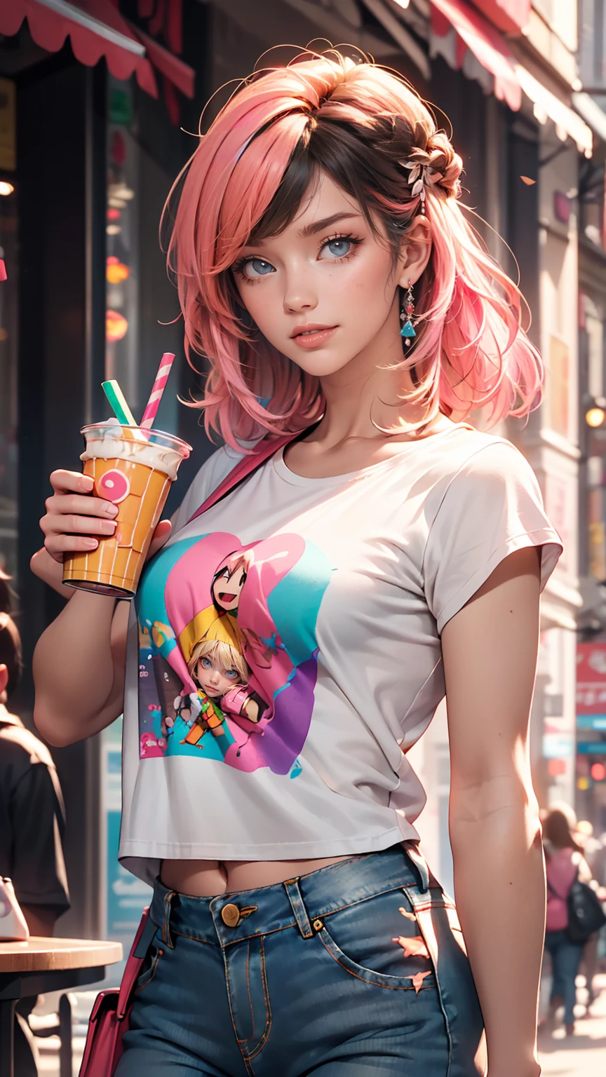 AniPoma 1,(masterpiece, Best illustrations, The best manga), alone, One girl, Purple eyes, (Shiny skin, Soft Hair), (Milkshake in hand), freckles, (Bright pink two-tone hair:1.3), (Wearing a Led Zeppelin T-shirt, Denim jeans), (Extreme light and shadow, Volumetric lighting, Rim Light), (Dawn:.5), (Rainbow Light, Light leakage), (Fascinating, Grin), (alone), manga dusk 1, Manhwa 1