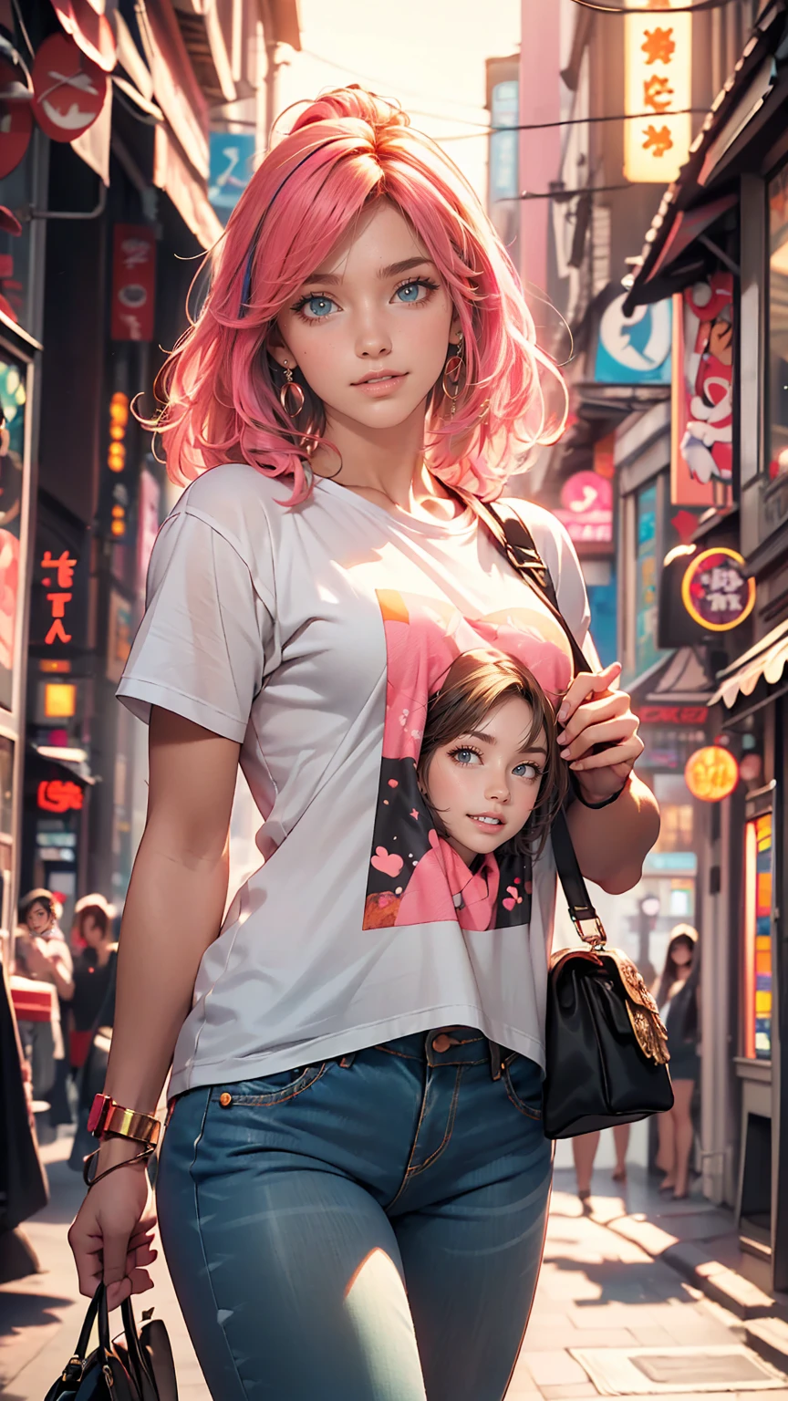 AniPoma 1,(masterpiece, Best illustrations, The best manga), alone, One girl, Purple eyes, (Shiny skin, Soft Hair), (Milkshake in hand), freckles, (Bright pink two-tone hair:1.3), (Wearing a Led Zeppelin T-shirt, Denim jeans), (Extreme light and shadow, Volumetric lighting, Rim Light), (Dawn:.5), (Rainbow Light, Light leakage), (Fascinating, Grin), (alone), manga dusk 1, Manhwa 1