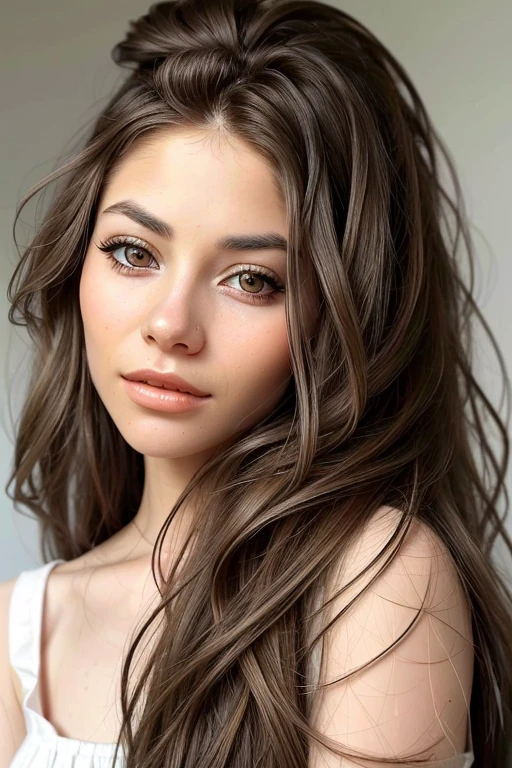 EvelinAndras, focus on eyes, close up on face, wearing jewelry, hair styled flowy layers hair