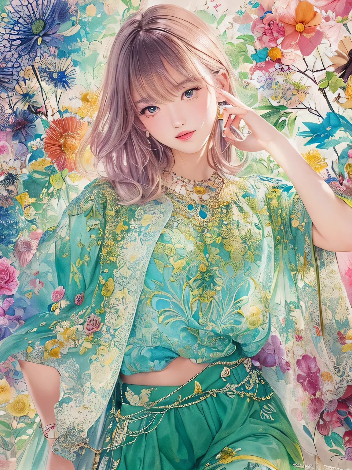 Masayo Style、(((stylish fashion))), 8K Quality、Intense watercolor, Detailed watercolor art, Watercolor splash, Surreal, avant-garde pop art, Beautiful and expressive paintings, Beautiful artwork illustration, Very colorful tones, wonderful, Cool beauty, highest quality、Official Art, Vector art, Stylish design, (((The most beautiful girl))), (((highest quality))), HDR, ((detailed)), (((Doodle Art)), ((masterpiece)), ((Super detailed)),  (((Stylish))),