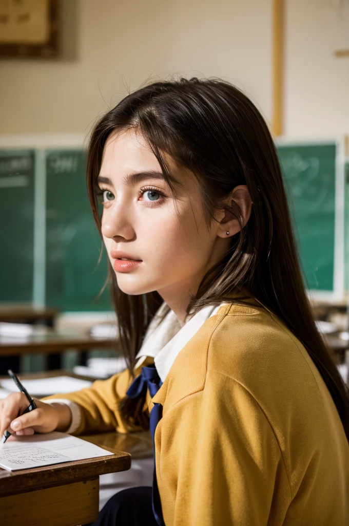 ( masterpiece, top quality, best quality,8k,17 years old girl,ultra detailed,raw photo:1.5),(photorealistic:1.4),(cinematic lighting), PerfectNwsjMajic, , Surrealism, UHD, ccurate, Super detail, textured skin, High detail, Best quality, dynamic angle, (high nose,White skin),[Beautiful blue eyes],(1girl),(good anatomy:0.5)),Head Close-up,in the classroom,Teacher's Uniform,Real people,