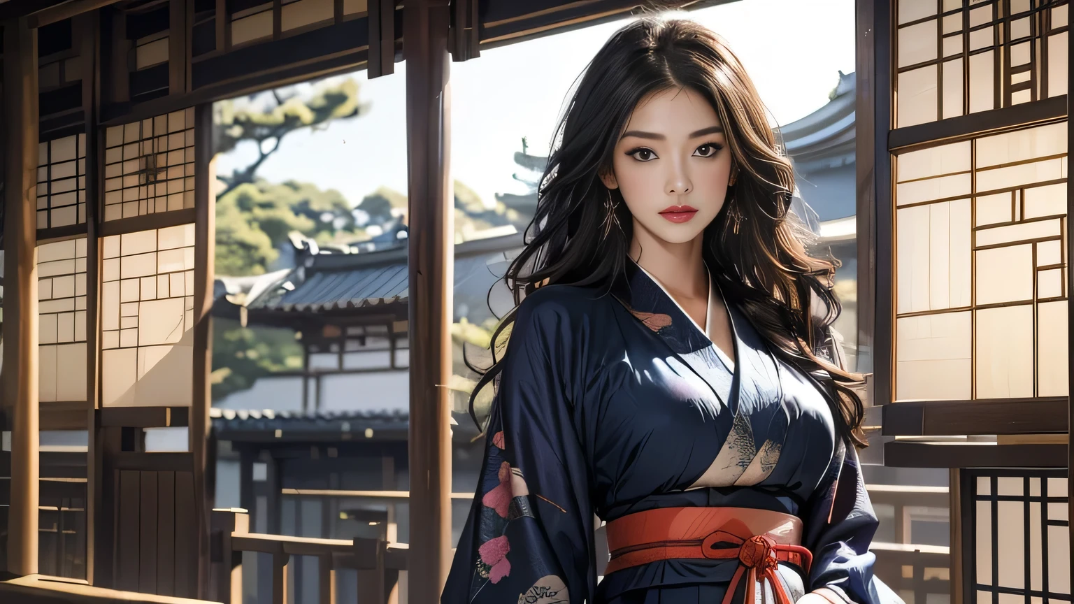 Historic Buildings in Japan、Wearing a dark blue kimono、best qualtiy:1.4, Photorealistic:1.4, Skin Texture:1.4, ​masterpiece:1.8, 1 Women, hips up high, beautiful eyes, long-haired, Kimono