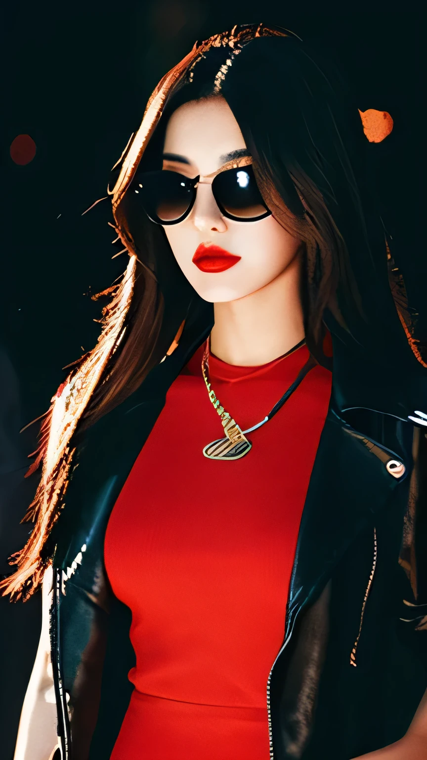 Female, Stylish, Foxy pitch black sunglasses, dark hair, leather jacket, long straight hair, bright red lips, dark background, shrugging shoulders