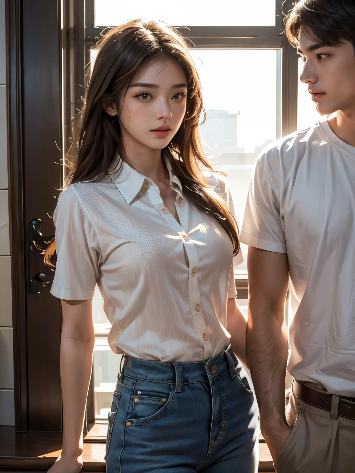 (extremely detailed and high-quality illustration),(best lighting and shadow effects, ultra-realistic), sunset beach, young man with a wheat skin tone, looking out at the girl with a love expression,muscle, girl with casual clothes, korean couple, eyes contacts, office shirt couple.