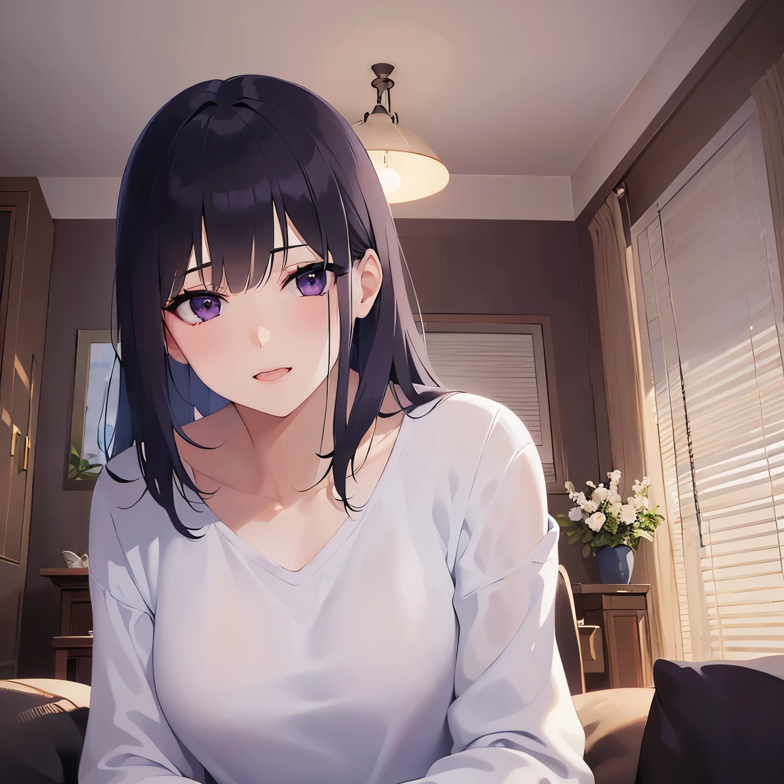 Upper Body, Realistic, real person, (pale skin: 1.2), RAW photo, photorealistic, shiny skin, shiny hair、(A 25-year-old woman with straight hair and bangs) and (medium hair) and (black hair) and (purple eyes) , (white) and (T-shirt) and (V neck) and (long sleeve) 、smile, The background is the living room、Alone、Are standing