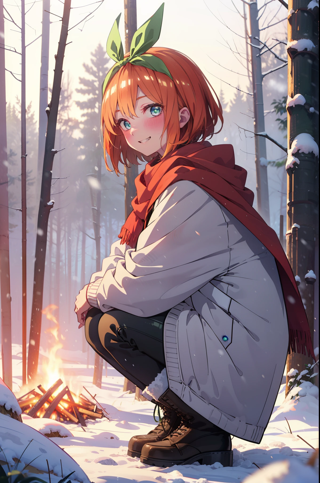 yotsubanakano, yotsuba nakano, bangs, short hair, blue eyes, Hair between the eyes, Hair Ribbon, hair band, Orange Hair, (Green ribbon:1.5), smile, Grin,smile,blush,White Breath,
Open your mouth,snow,Ground bonfire, Outdoor, boots, snowing, From the side, wood, suitcase, Cape, Blurred, Increase your meals, forest, White handbag, nature, Squat, Mouth closed, フードed Cape, winter, Written boundary depth, Black shoes, red Cape break looking at viewer, Upper Body, whole body, break Outdoor, forest, nature, break (masterpiece:1.2), highest quality, High resolution, unity 8k wallpaper, (shape:0.8), (Beautiful and beautiful eyes:1.6), Highly detailed face, Perfect lighting, Highly detailed CG, (Perfect hands, Perfect Anatomy),