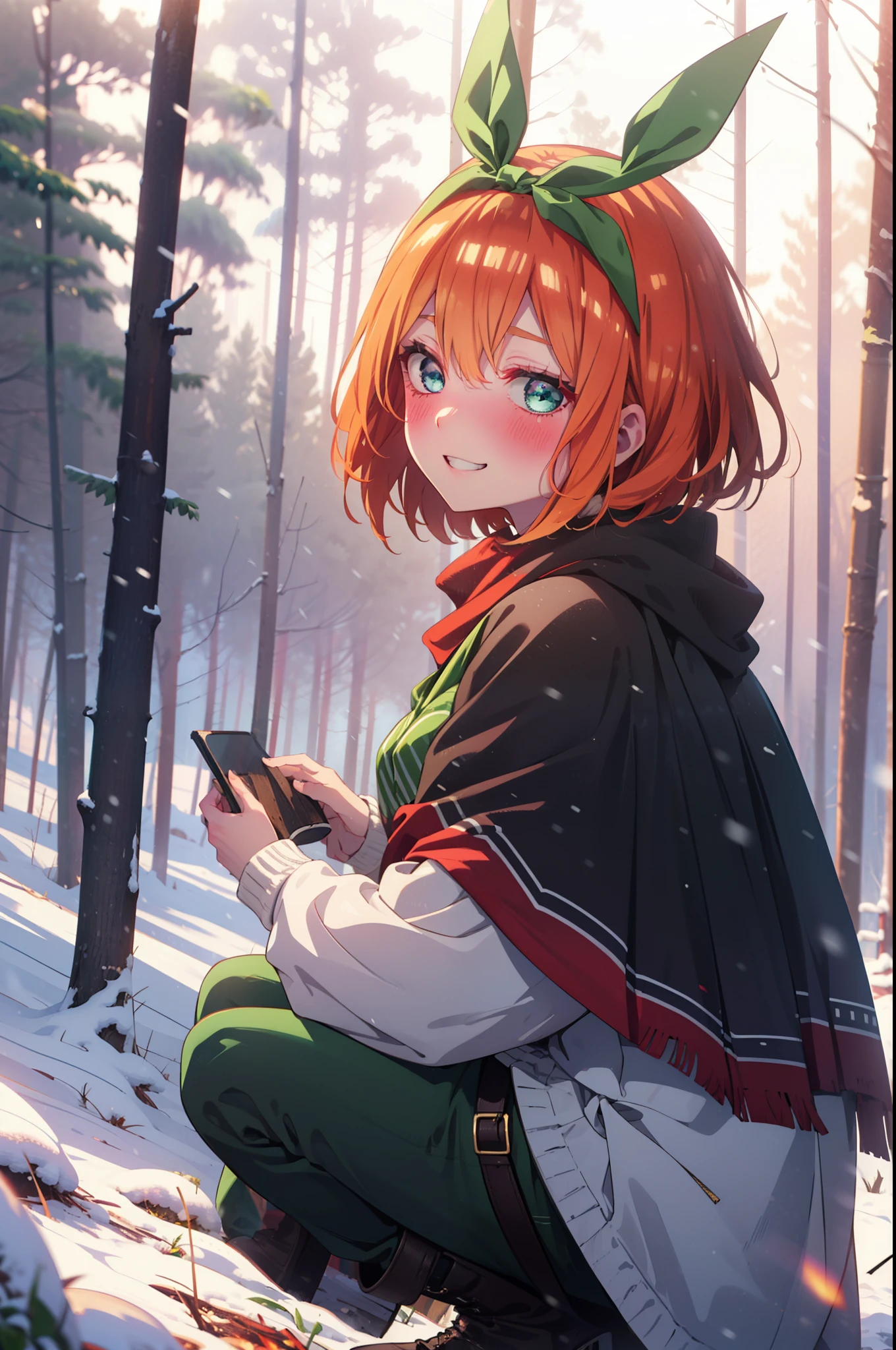 yotsubanakano, yotsuba nakano, bangs, short hair, blue eyes, Hair between the eyes, Hair Ribbon, hair band, Orange Hair, (Green ribbon:1.5), smile, Grin,smile,blush,White Breath,
Open your mouth,snow,Ground bonfire, Outdoor, boots, snowing, From the side, wood, suitcase, Cape, Blurred, Increase your meals, forest, White handbag, nature, Squat, Mouth closed, フードed Cape, winter, Written boundary depth, Black shoes, red Cape break looking at viewer, Upper Body, whole body, break Outdoor, forest, nature, break (masterpiece:1.2), highest quality, High resolution, unity 8k wallpaper, (shape:0.8), (Beautiful and beautiful eyes:1.6), Highly detailed face, Perfect lighting, Highly detailed CG, (Perfect hands, Perfect Anatomy),